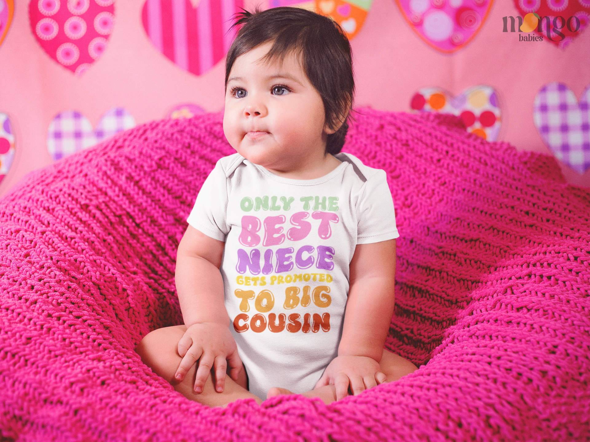 Retro style shirt with the text “Only the Best Niece Gets Promoted to Big Cousin” printed on baby bodysuit, kids’ tee, sweatshirt, and adult shirt.