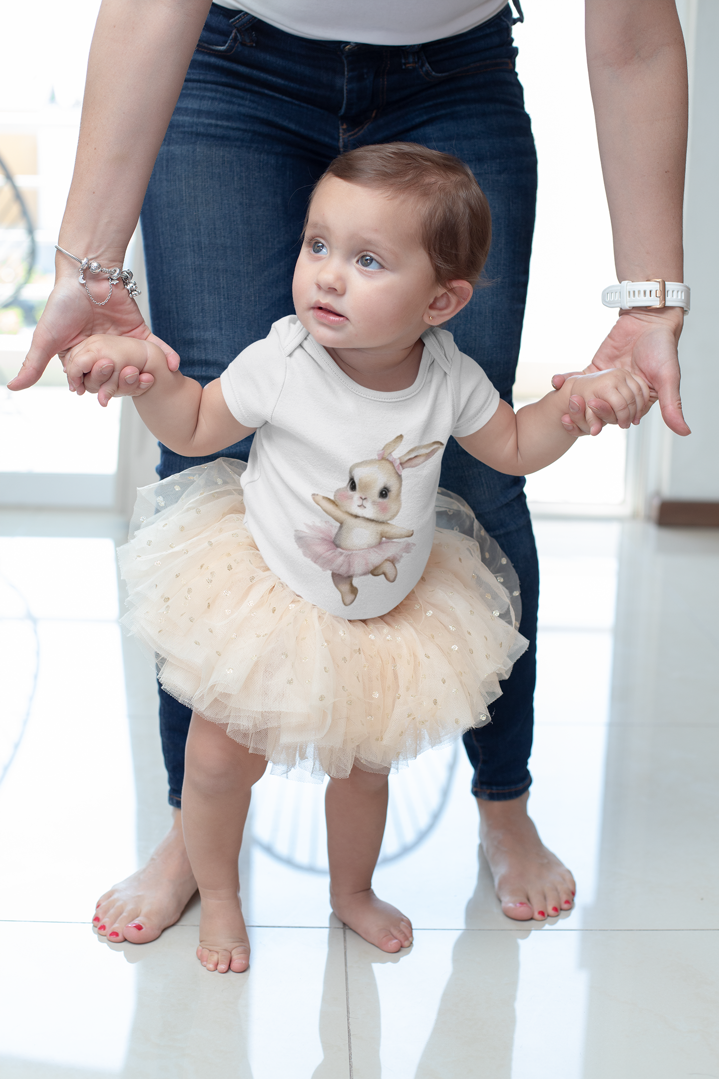 Cute rabbit in tutu dress printed design on baby bodysuit, kids’ t-shirt, children’s sweatshirt, and unisex adult shirt.