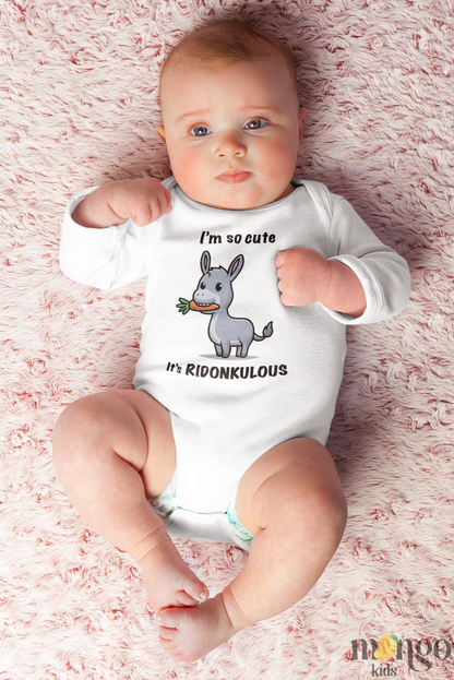 Cute funny donkey shirt with text "I'm so cute it's ridonkulous" – baby bodysuit, kids t-shirt, toddler shirt, adult unisex tee, and children’s sweatshirt.
