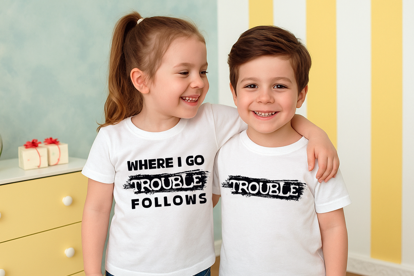Where I Go Trouble Follows Shirt | Funny Baby Onesie®, Toddler Sweatshirt, Kids T-Shirt & Unisex Adult Tee | Matching Family Outfits | Mischief Maker Gift

