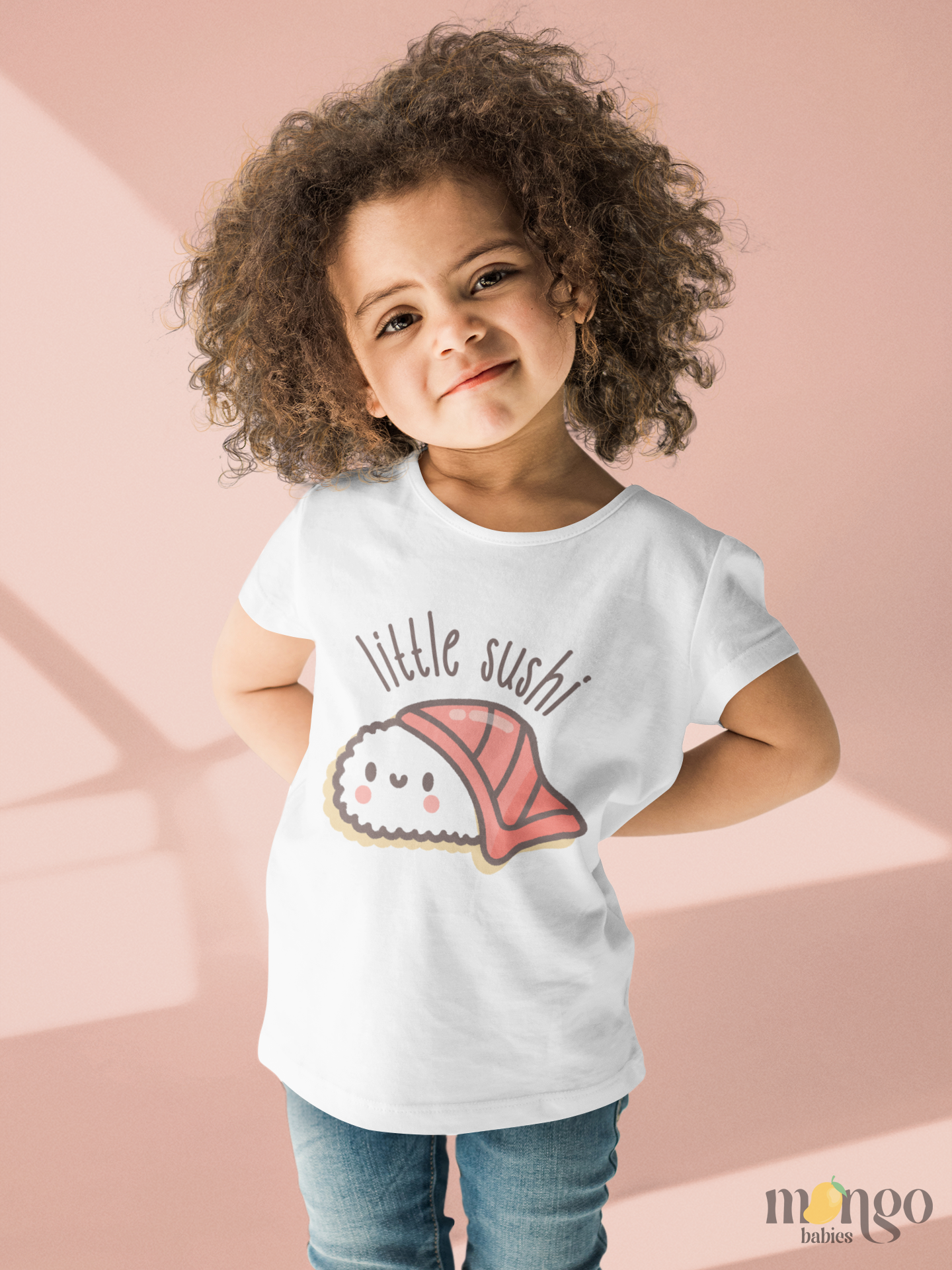 Cute sushi graphic with “Little Sushi” text on baby bodysuit, kids’ t-shirt, toddler shirt, sweatshirt, and unisex adult shirt.