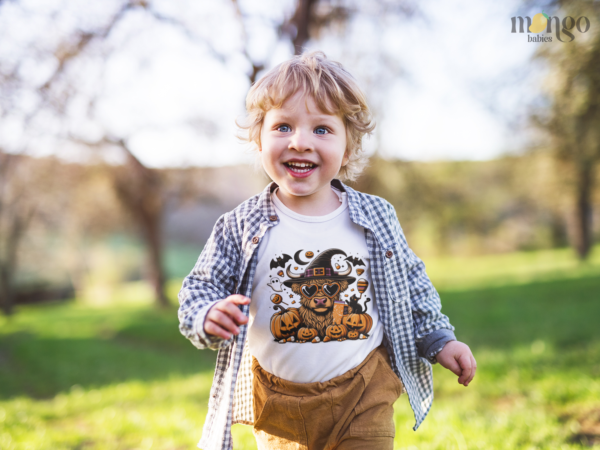 Cute Halloween cow graphic on baby bodysuit, kids t-shirt, children’s sweater, and adult unisex shirt.
