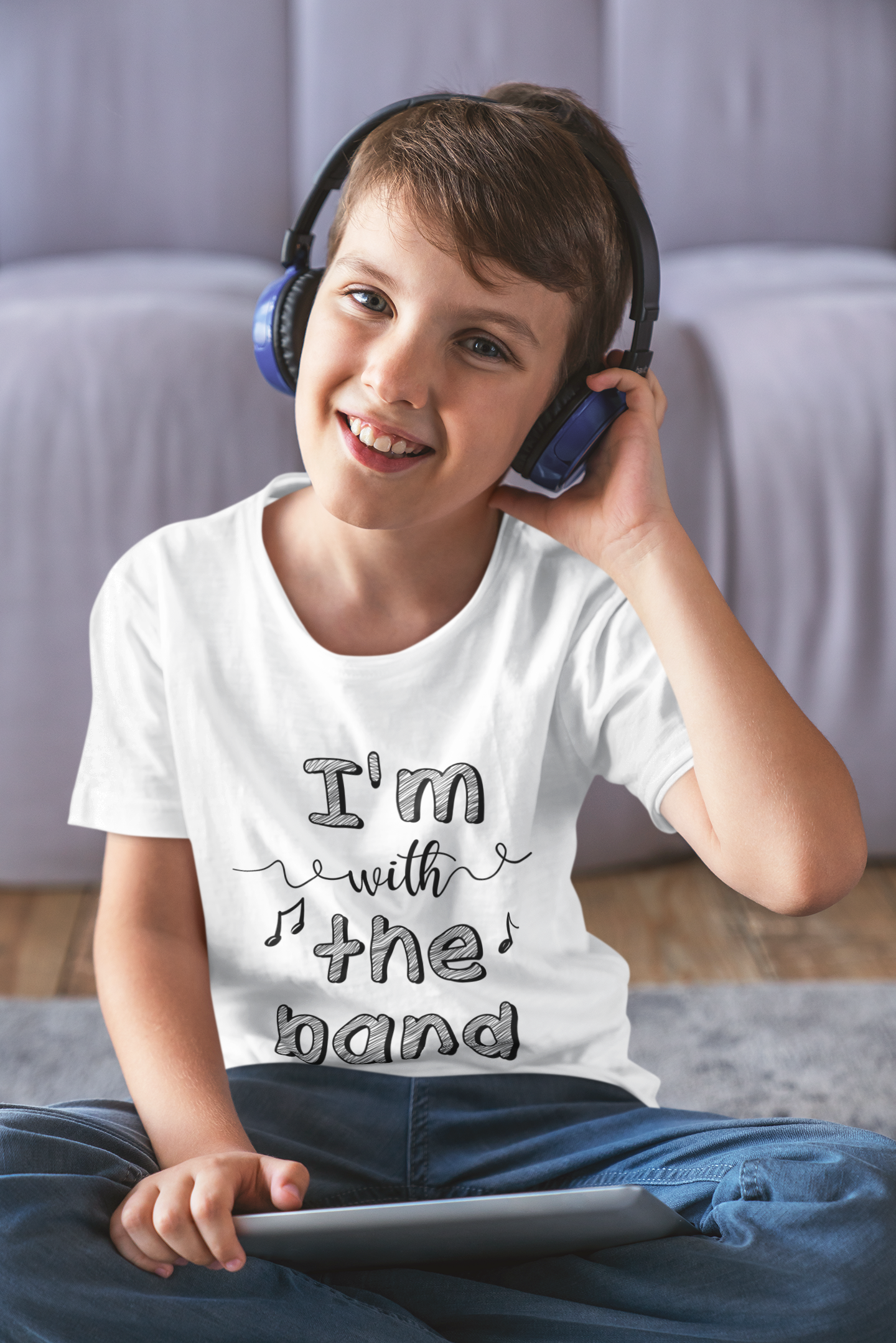 “I’m with the band” shirt with music notes – baby bodysuit, kids’ tee, sweatshirt, and unisex adult shirt.