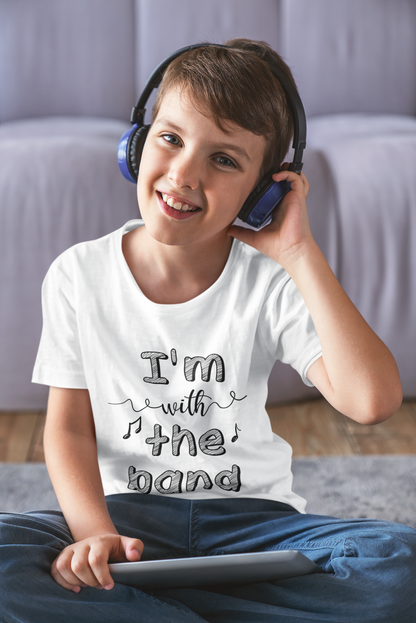 “I’m with the band” shirt with music notes – baby bodysuit, kids’ tee, sweatshirt, and unisex adult shirt.