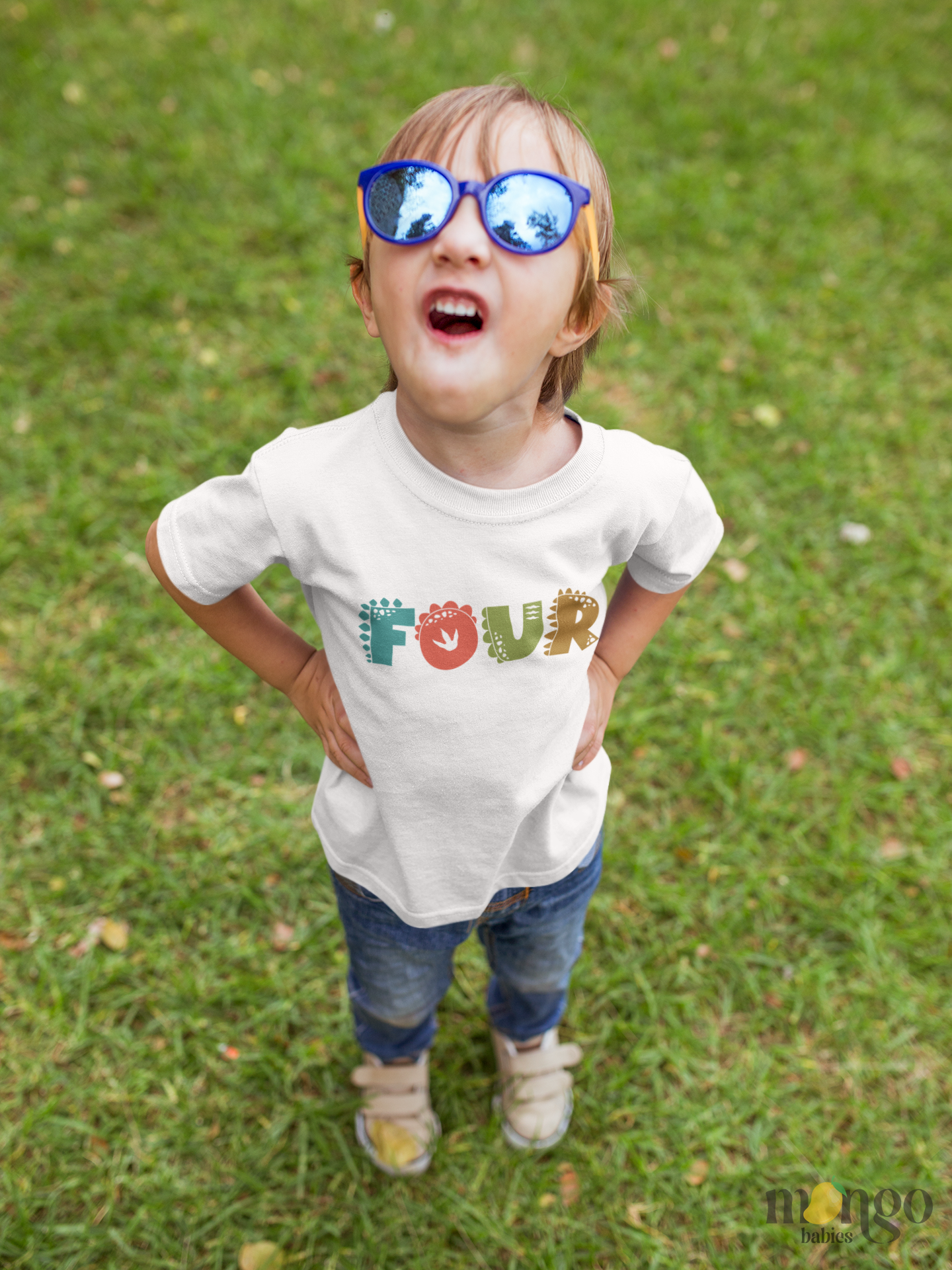 Fourth birthday shirt with “FOUR” in dinosaur font, available in baby bodysuit, kids t-shirt, toddler tee, children sweatshirt, and unisex adult sizes.