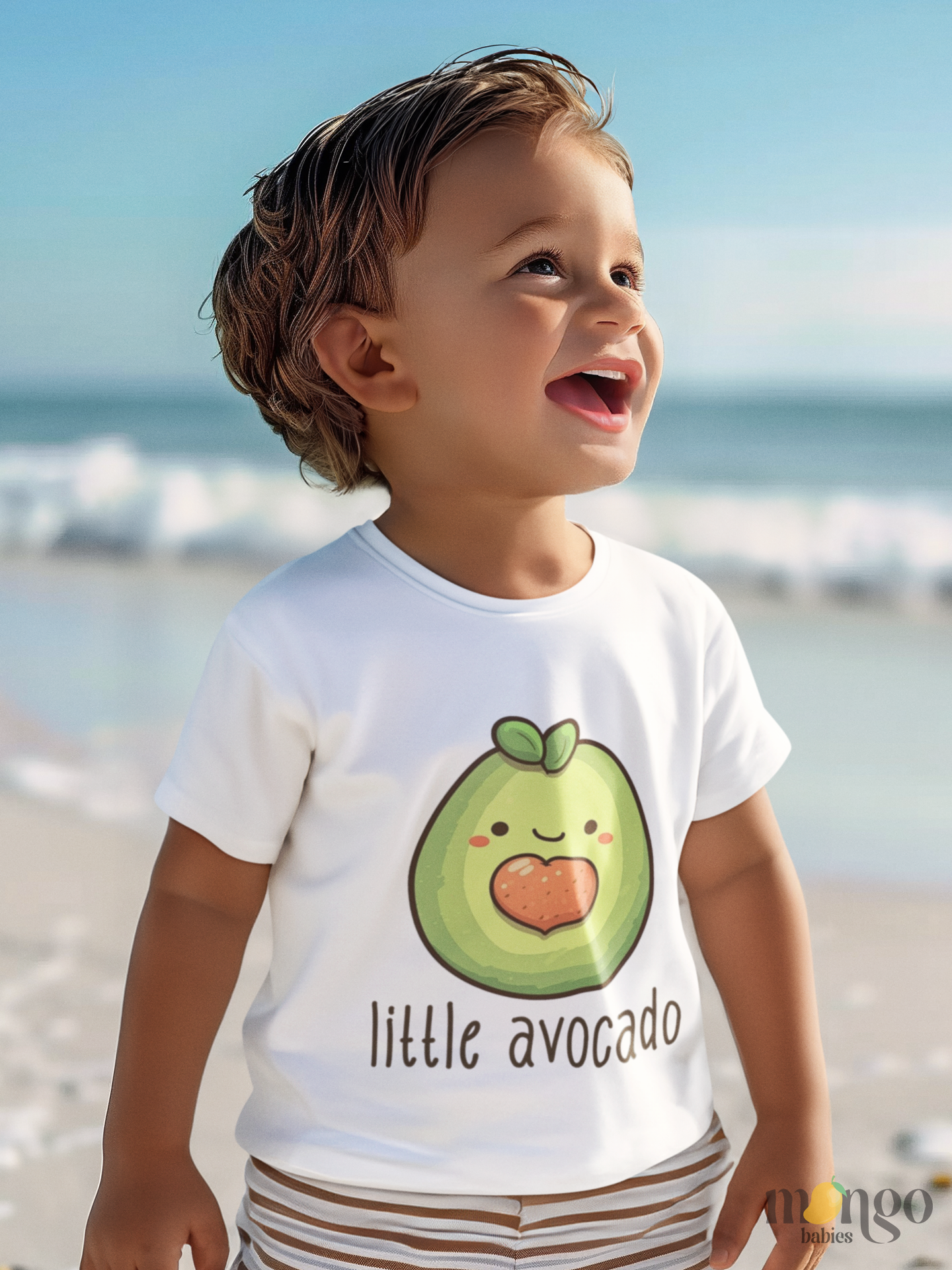 Cute avocado graphic with the words “Little Avocado” printed on baby bodysuit, kids’ T-shirt, children’s sweater, and unisex adult shirt.
