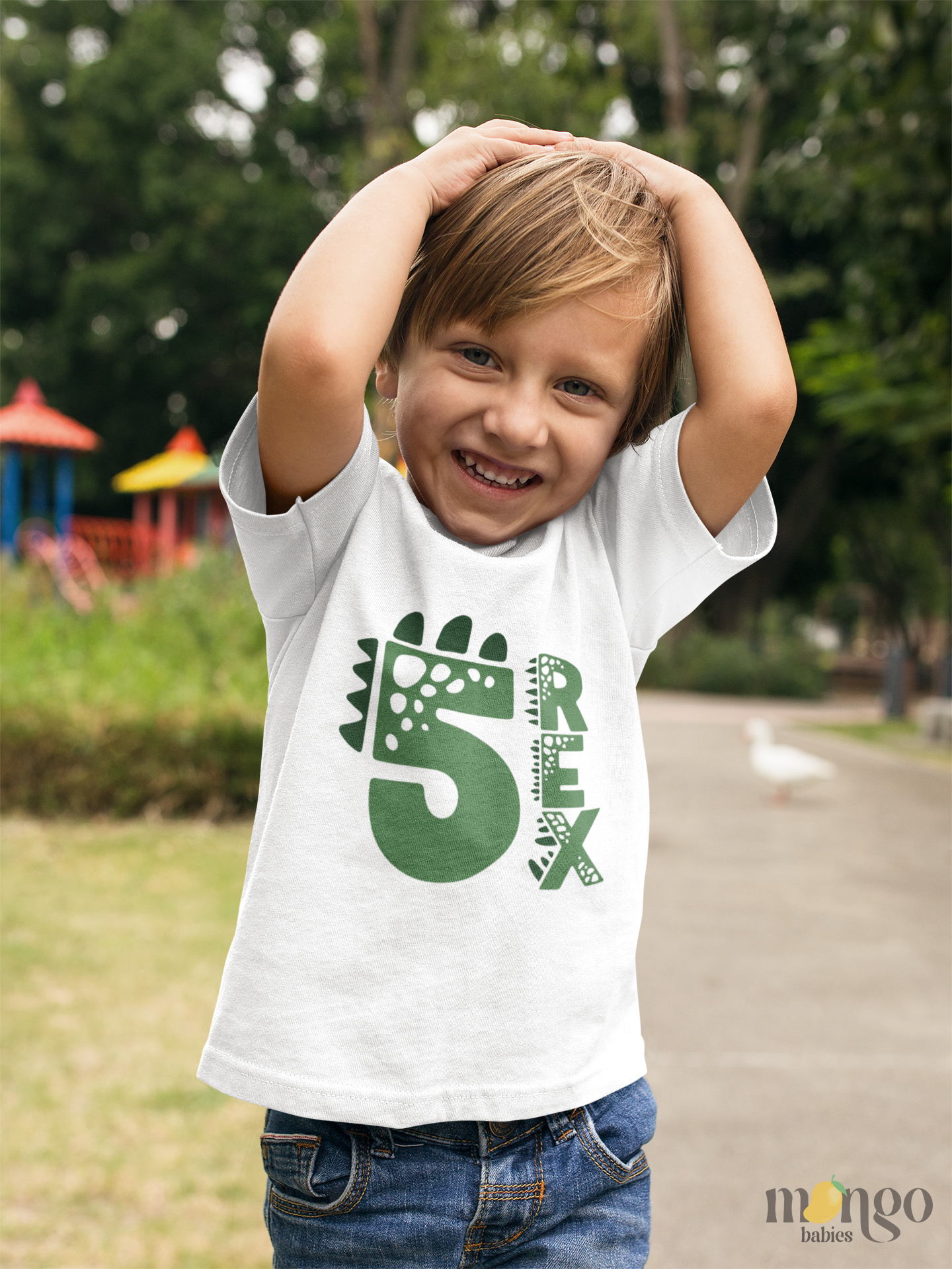 5 REX birthday design on baby bodysuit, toddler & kids t-shirt, unisex adult shirt, and children’s sweatshirt