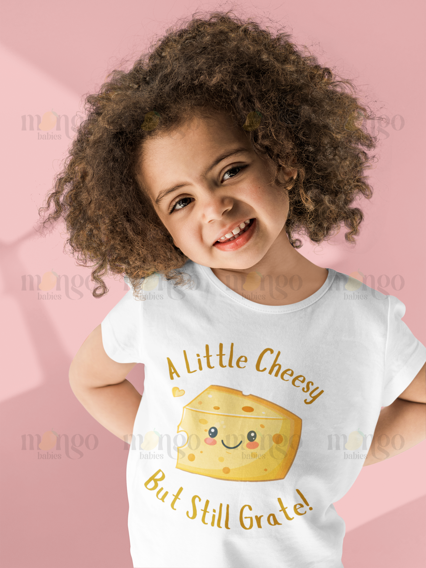 Retro graphic shirt with cute cheese and text “A little cheesy but still grate!” available in baby, toddler, kids, and adult sizes.