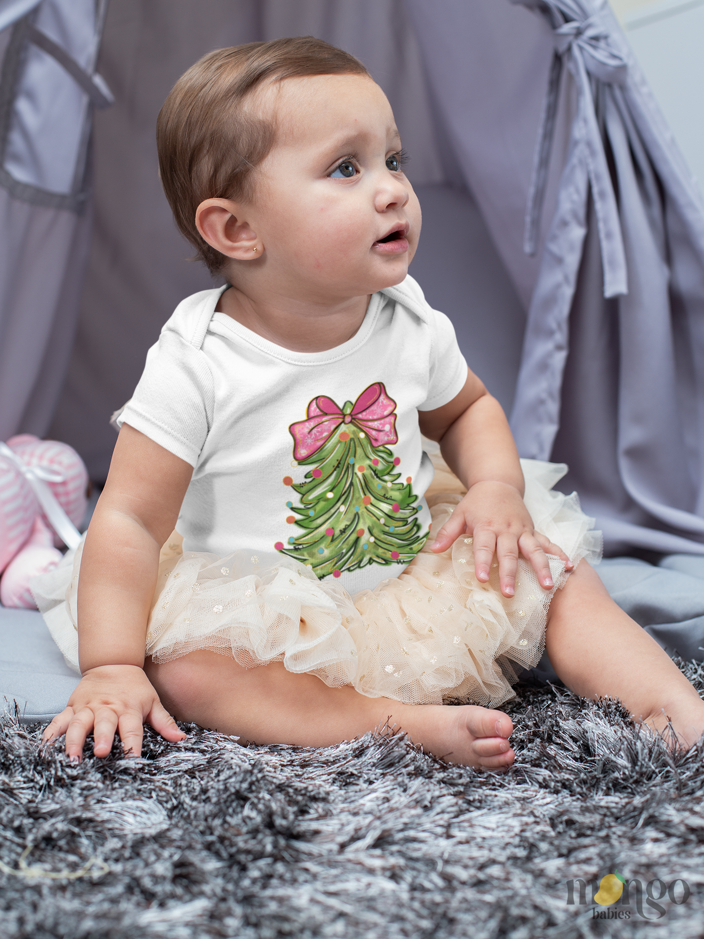 Christmas tree shirt with pink bow topper – baby bodysuit, kids, toddler, and adult unisex tee