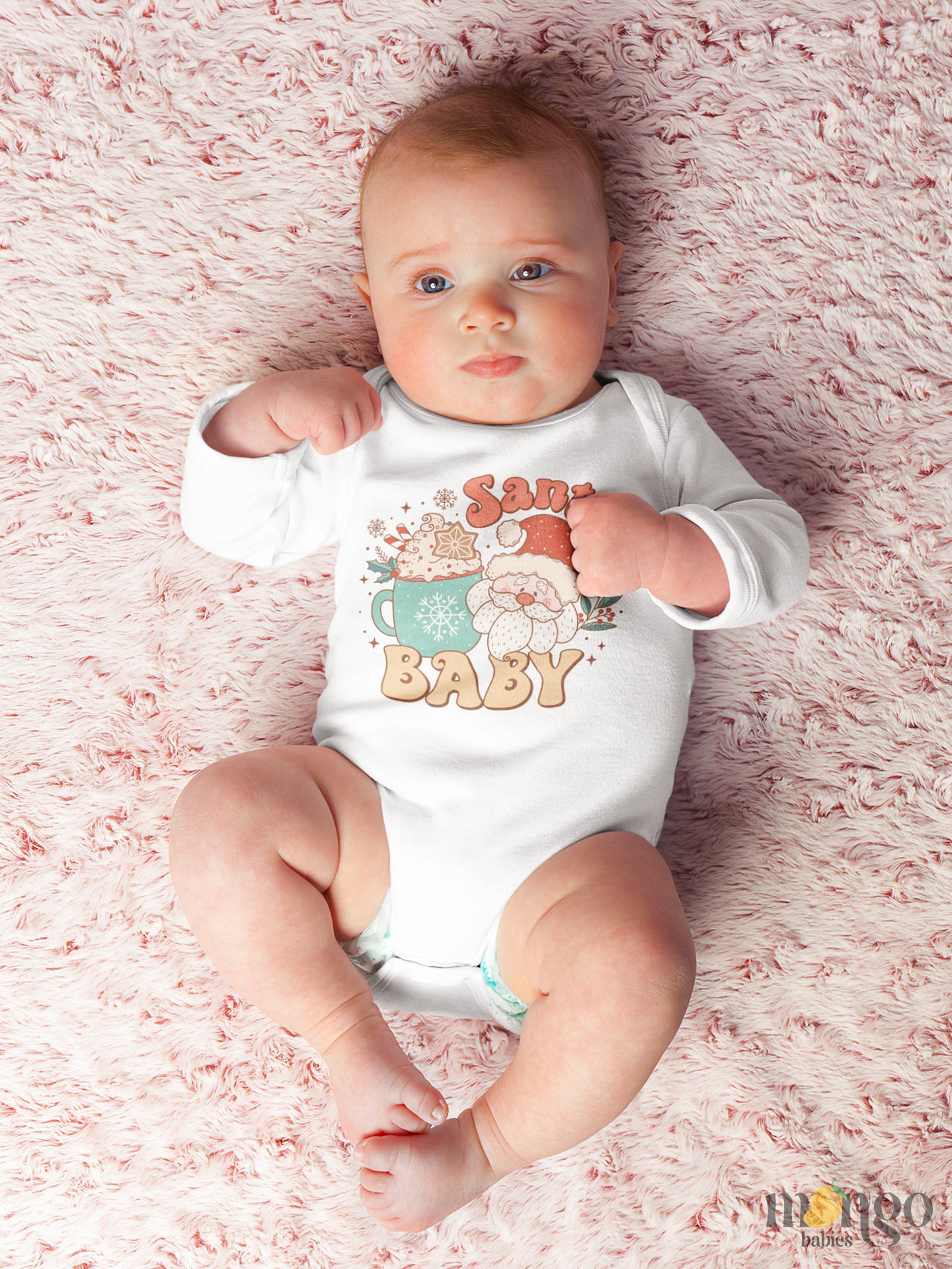 Retro Santa Claus illustration with “Santa Baby” text printed on a baby onesie, toddler T-shirt, and kids’ shirt.
