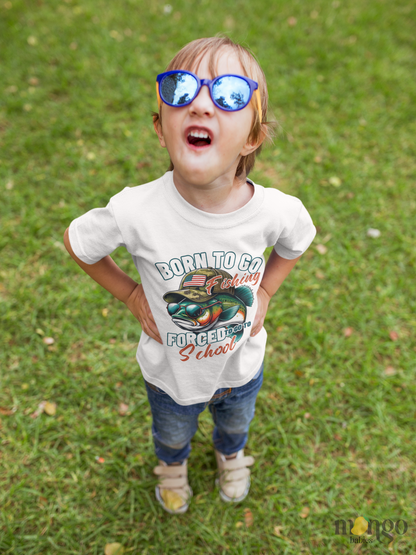 Retro kids shirt with fishing rod and fish illustration. Text reads “Born to go fishing, forced to go to school.” Available as baby onesie, toddler, and kids tee.
