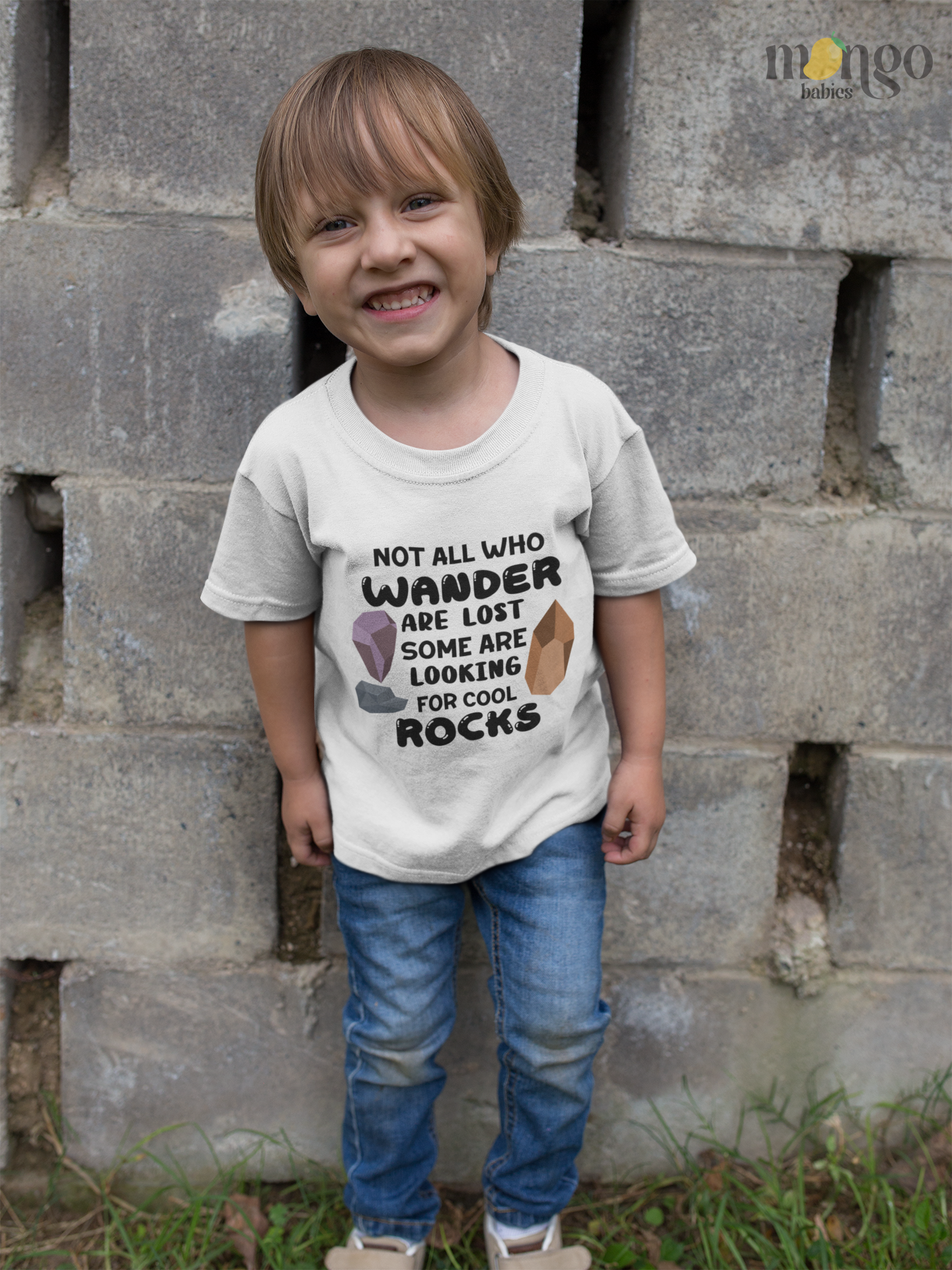 Baby onesie and kids’ T-shirt with “Looking for Cool Rocks” text and colorful gem illustrations. Perfect outfit for young nature explorers.
