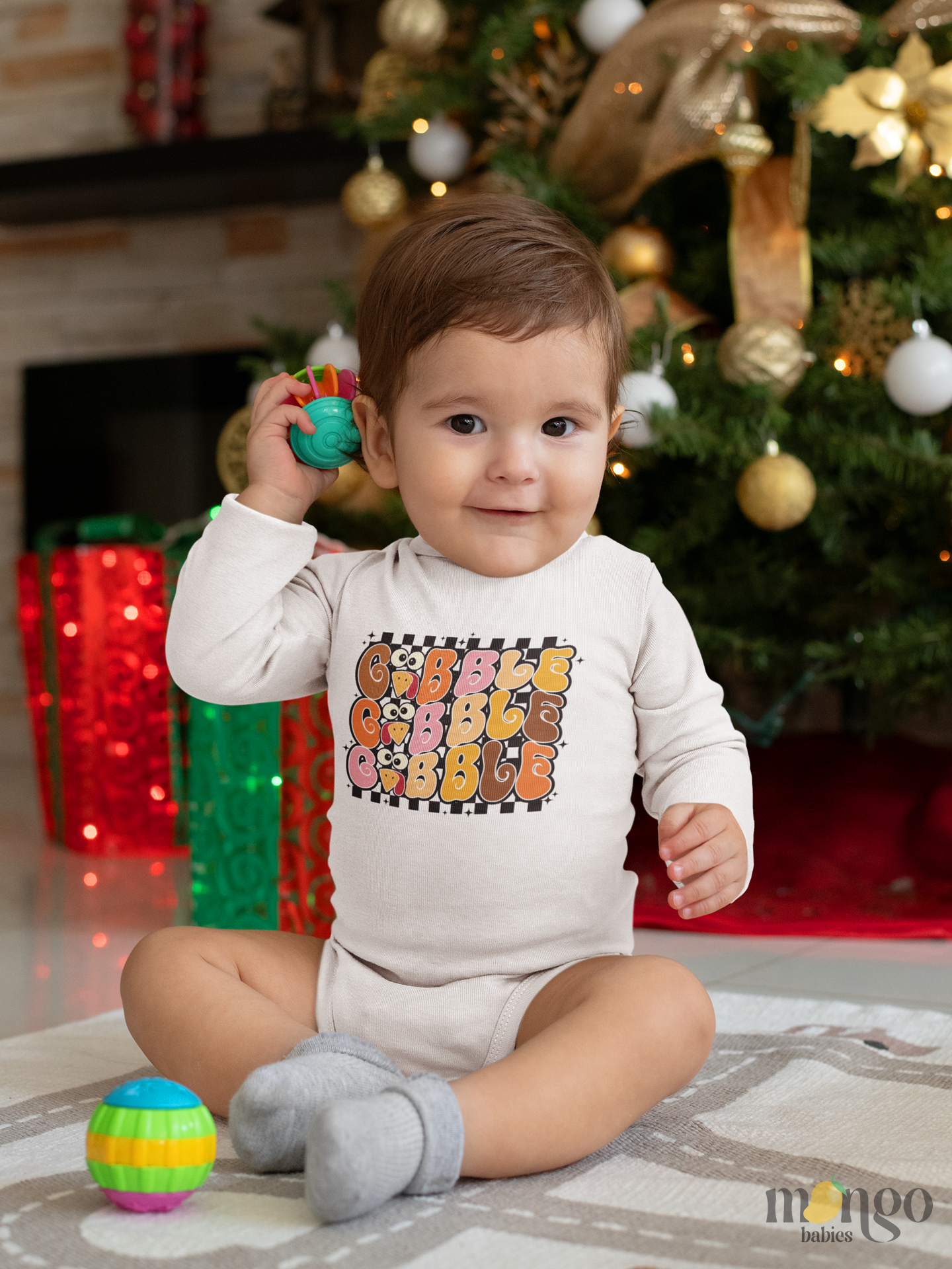 Retro “Gobble Gobble Gobble” shirt with cute turkey icon and check pattern, available in baby onesies, toddler, and kids’ sizes
