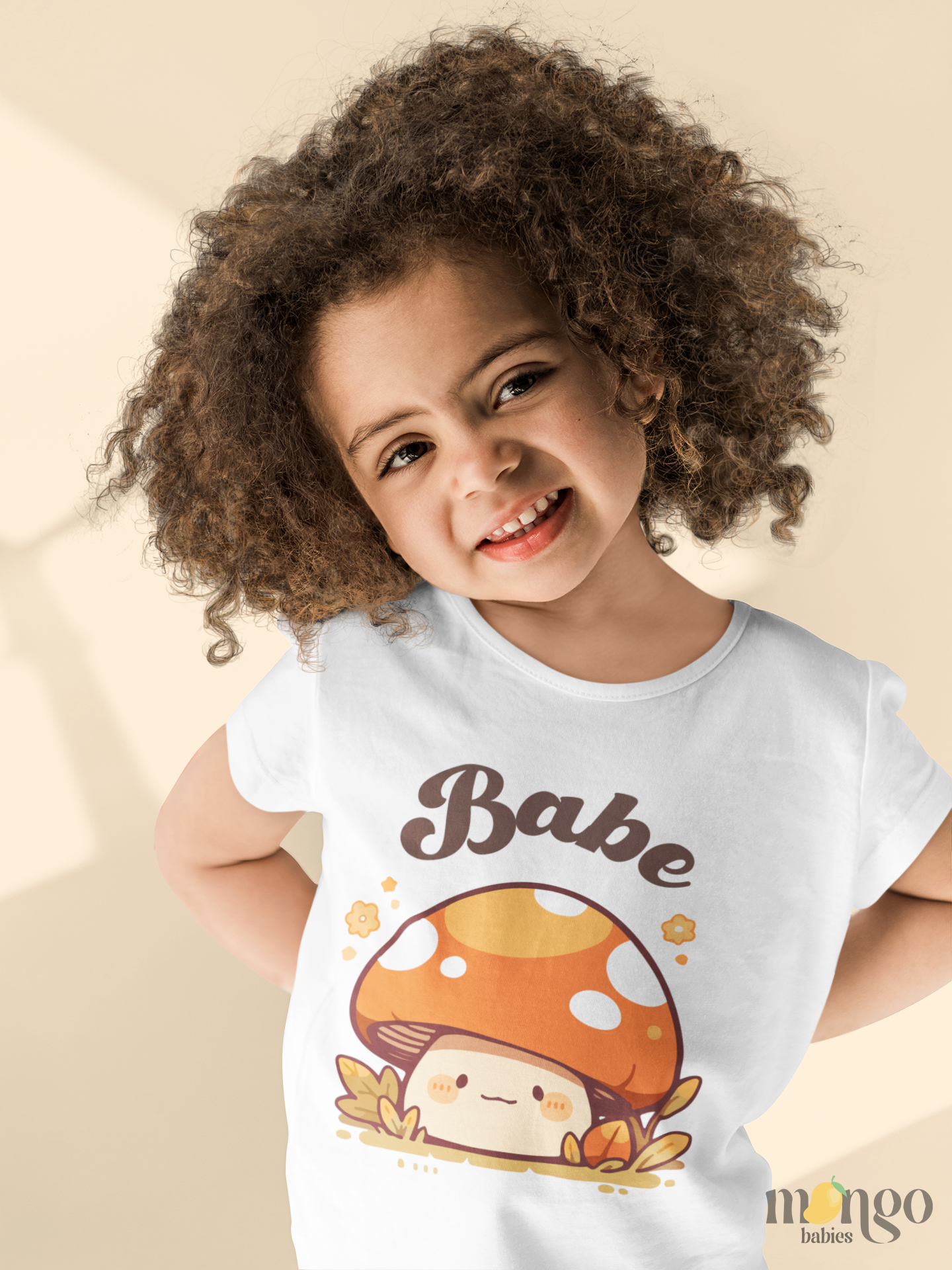 Cute mushroom graphic with the word "Babe" printed on baby bodysuit, kids t-shirt, toddler sweatshirt, and adult unisex shirt.