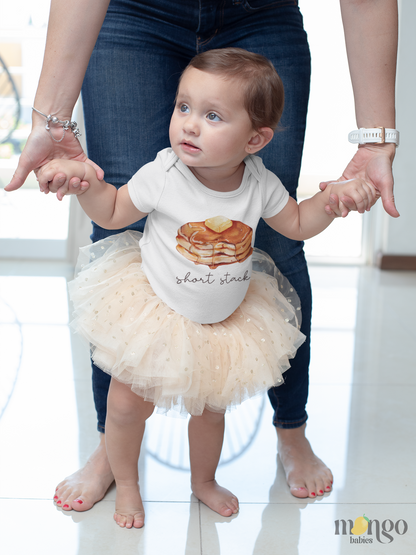 Cute pancake stack with “Short Stack” text printed on baby bodysuit, kids’ t-shirt, toddler tee, children’s sweatshirt, and unisex adult shirt.