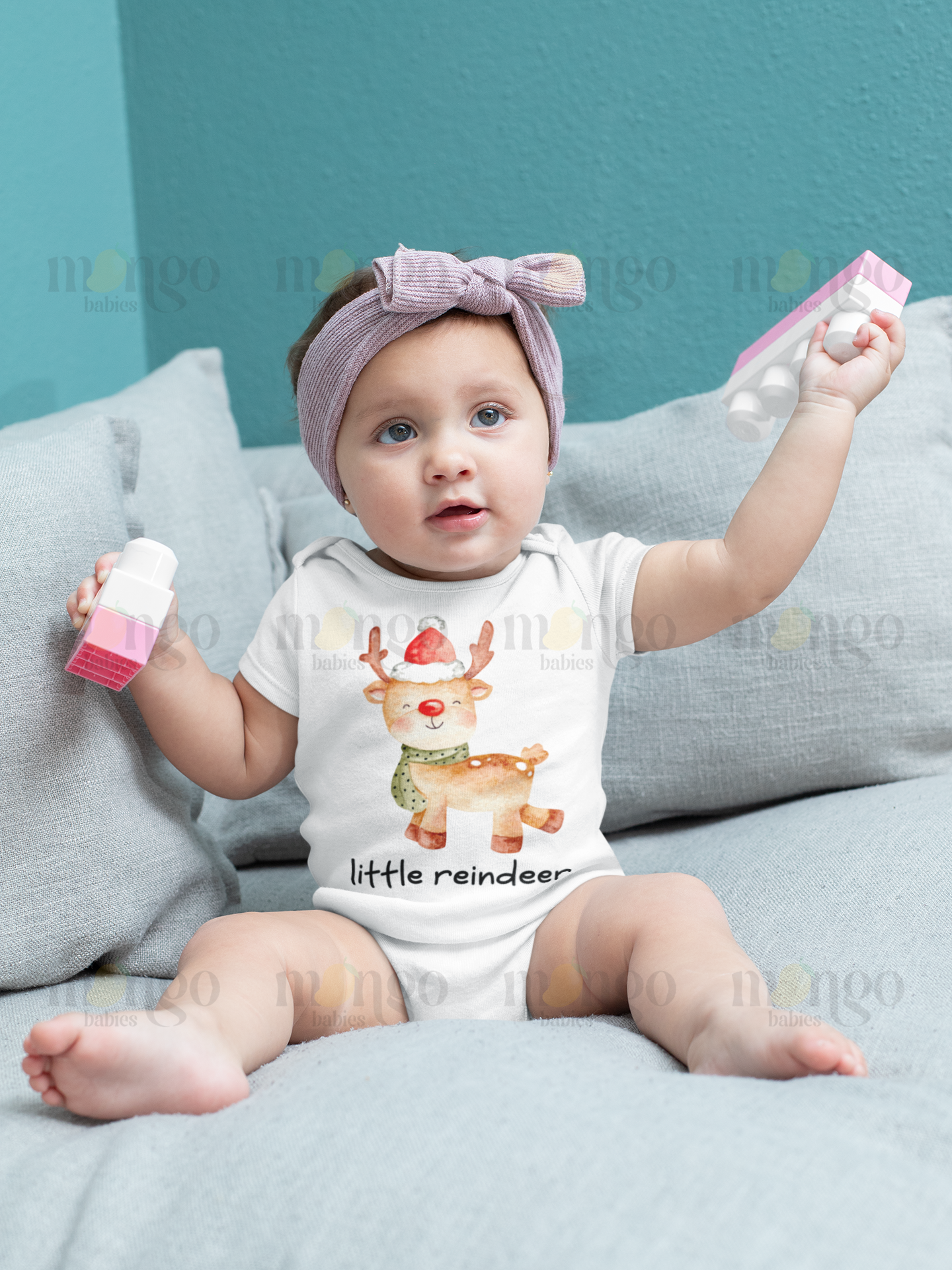 Cute reindeer Christmas design on baby bodysuit, kids t-shirt, adult shirt, and children sweatshirt with text "Little Reindeer"