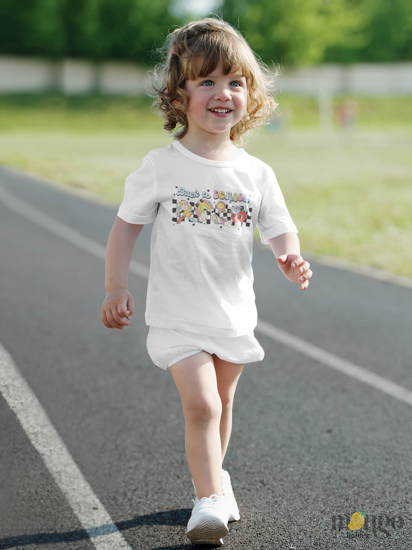 Retro “Happy First Day of School” design printed on baby bodysuit, kids’ T-shirt, children’s sweater, and unisex adult shirt.
