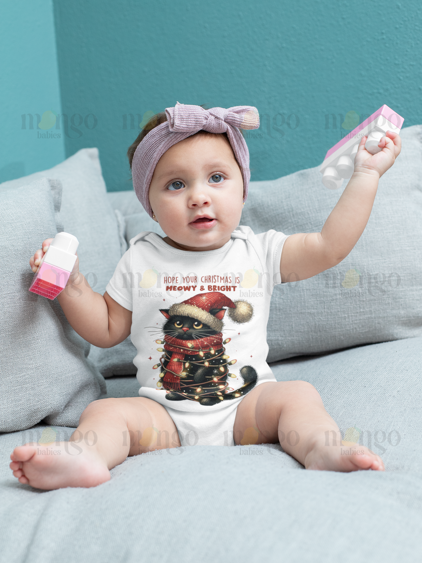 Black cat Christmas shirt with “Hope Your Christmas is Meowy and Bright” text, available as baby bodysuit, kids tee, sweatshirt, or adult unisex shirt.