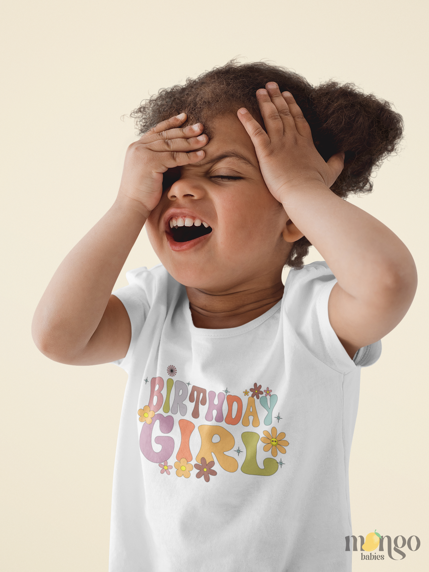 Retro “Birthday Girl” shirt with vintage-colored flowers, available in baby bodysuit, toddler t-shirt, and kids’ sizes.
