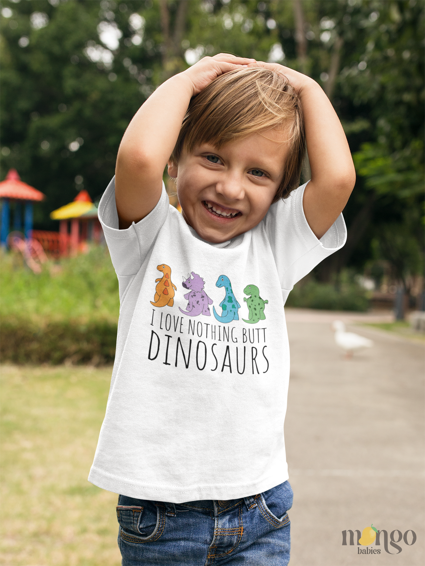 Cute dinosaur graphic with text "Love Nothing But Dinosaurs" printed on baby bodysuit, kids’ t-shirt, sweatshirt, and unisex adult shirt.