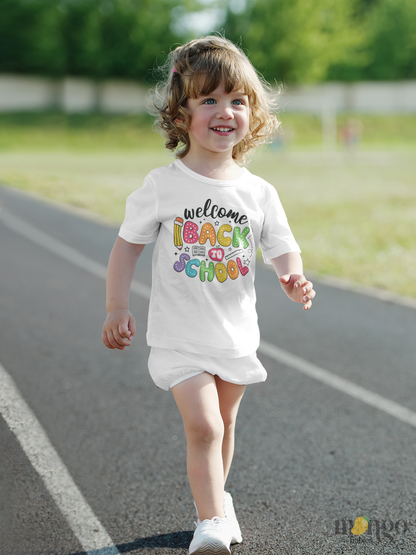 Colorful “Welcome Back to School” text design printed on baby bodysuit, kids’ T-shirt, children’s sweater, and unisex adult shirt.
