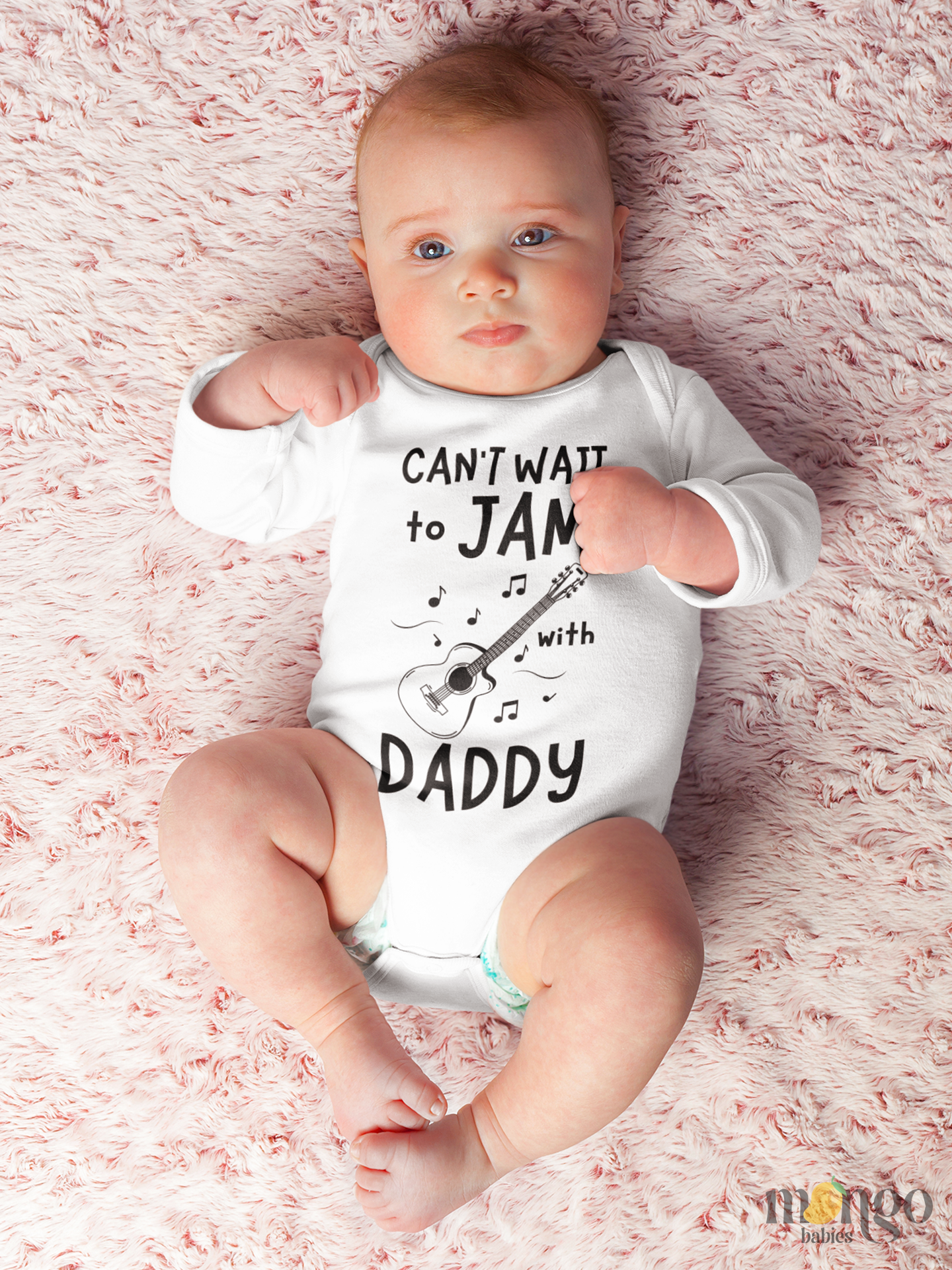 Baby bodysuit, kids’ t-shirt, and sweatshirt with “Can’t Wait to Jam with Daddy” text, guitar, and music notes design.
