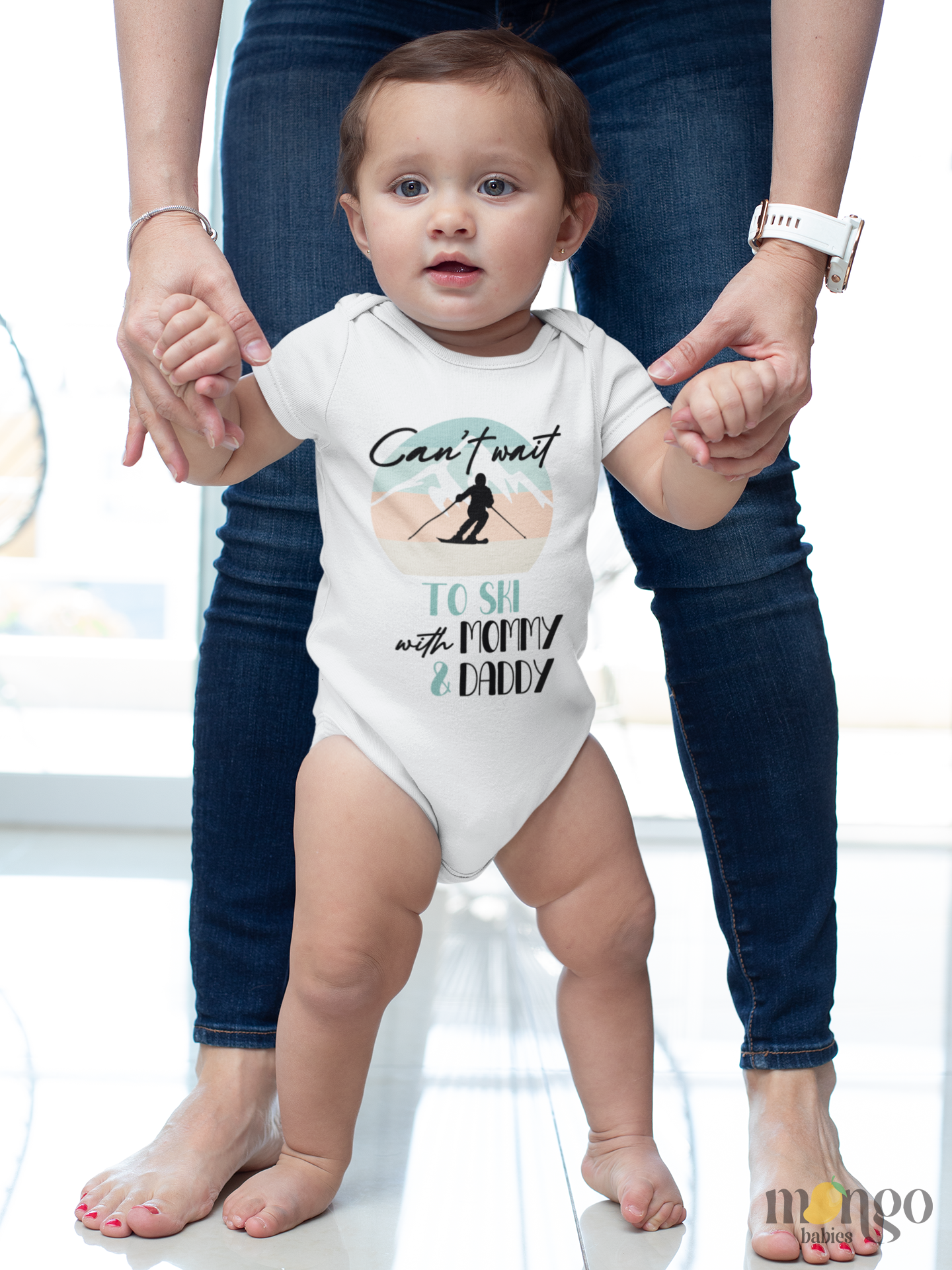 Baby bodysuit, kids’ t-shirt, toddler sweatshirt, and adult unisex shirt with cute ski text "Can't wait to ski with mommy and daddy" – winter family ski outfit.