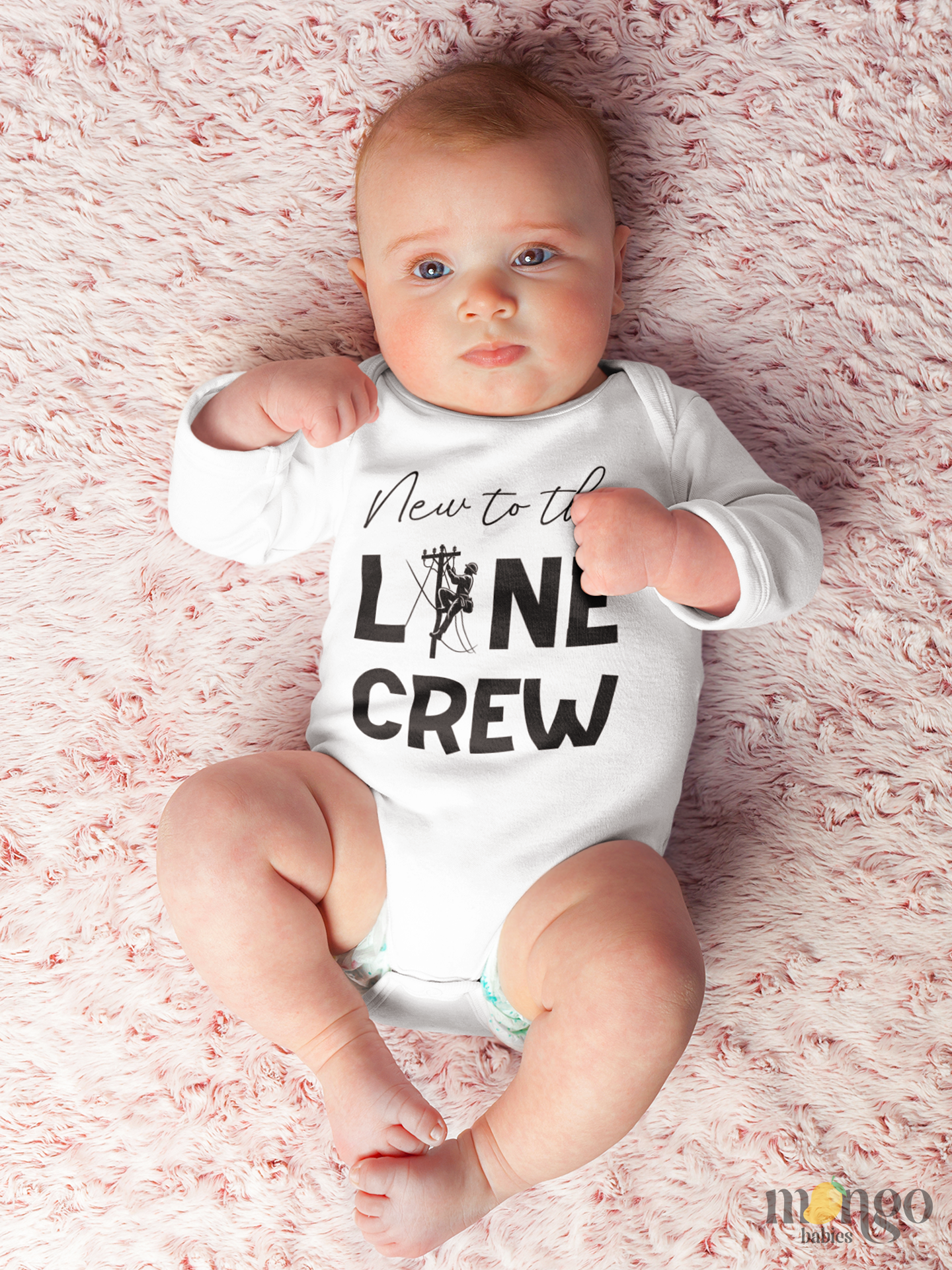 Baby bodysuit, kids t-shirt, and family matching shirt with “New to the Line Crew” electrician theme design.