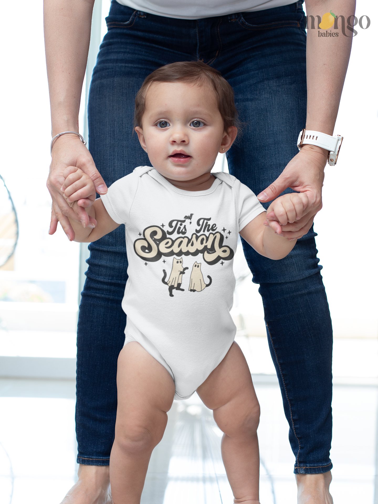 Halloween shirt with cute cats in ghost costumes and “Tis the Season” text. Available as baby onesie, toddler, and kids T-shirt.
