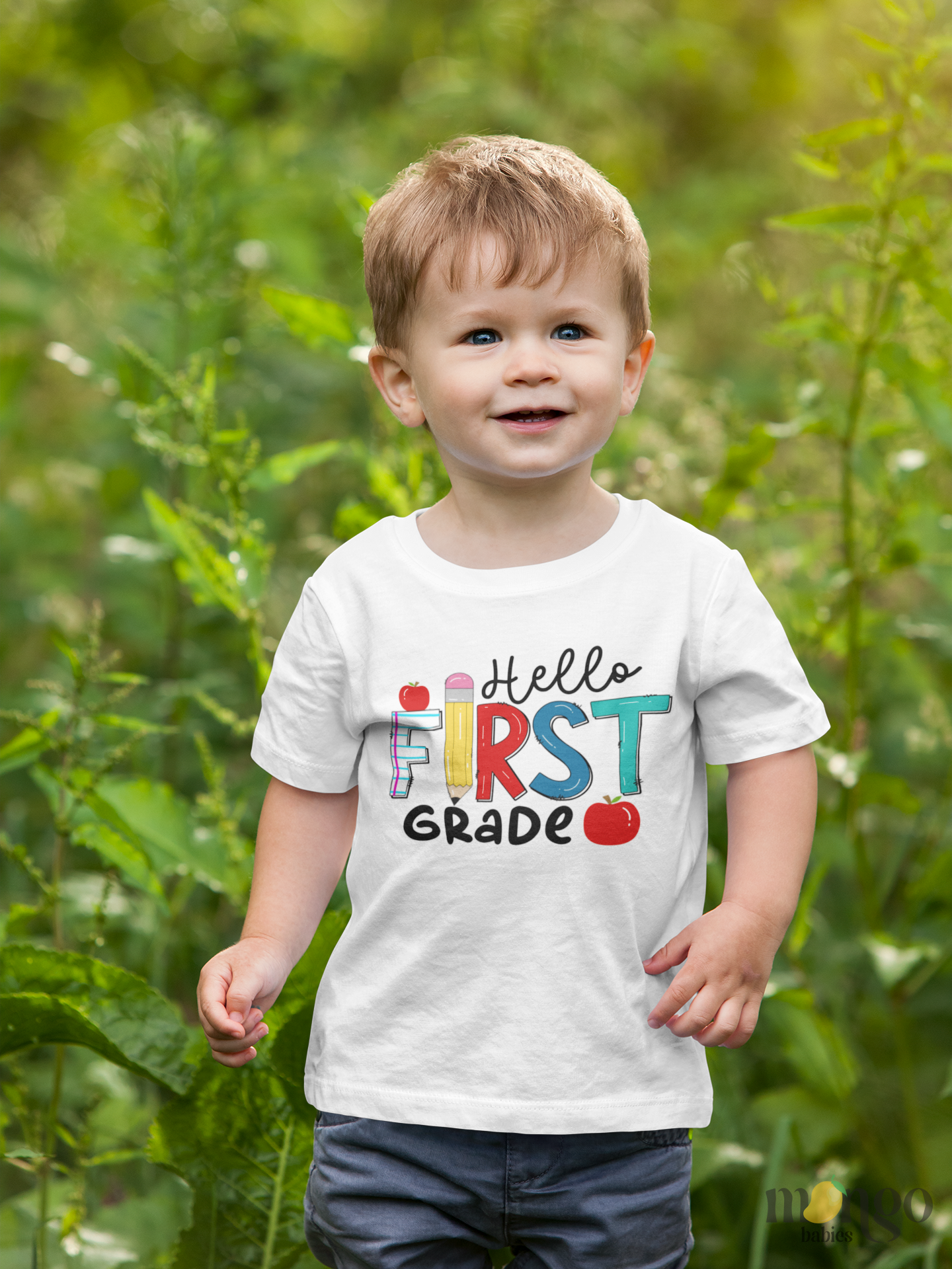 Colorful “Hello First Grade” shirt with apple, ruler, and pencil design for toddlers, kids, and children’s sweaters.
