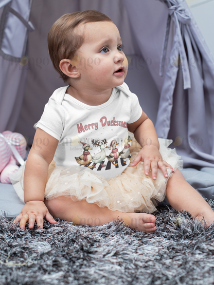Merry Ducksmas holiday shirt with cute ducks, available in baby bodysuit, kids, toddler, sweatshirt, and unisex adult tee.