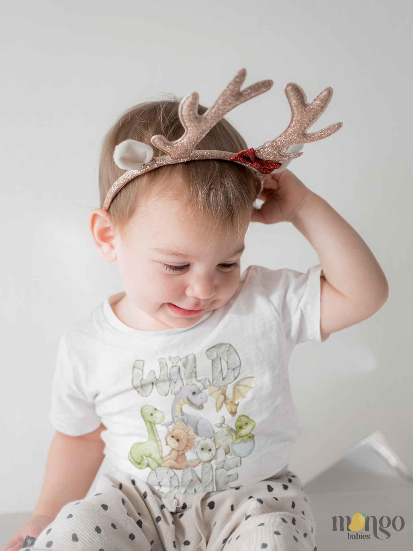 Cute dinosaur “Wild One” design printed on baby bodysuit, kids’ t-shirt, toddler sweatshirt, and unisex adult shirt.