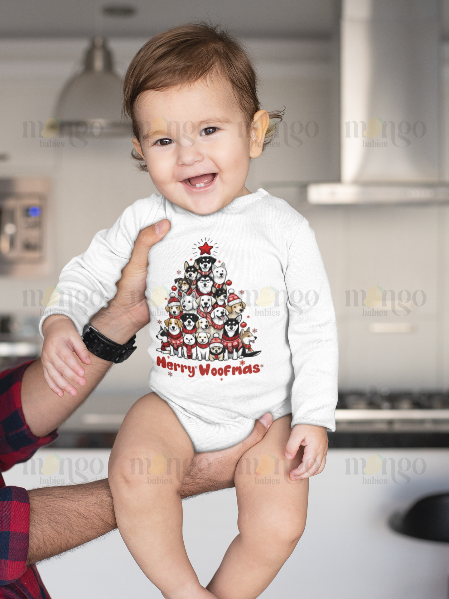 Cute Christmas shirt with dogs in a tree shape and text “Merry Woofmas” – available in baby bodysuits, kids’ t-shirts, sweatshirts, and adult unisex shirts.