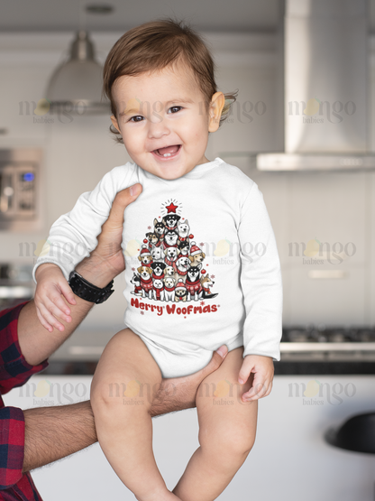 Cute Christmas shirt with dogs in a tree shape and text “Merry Woofmas” – available in baby bodysuits, kids’ t-shirts, sweatshirts, and adult unisex shirts.