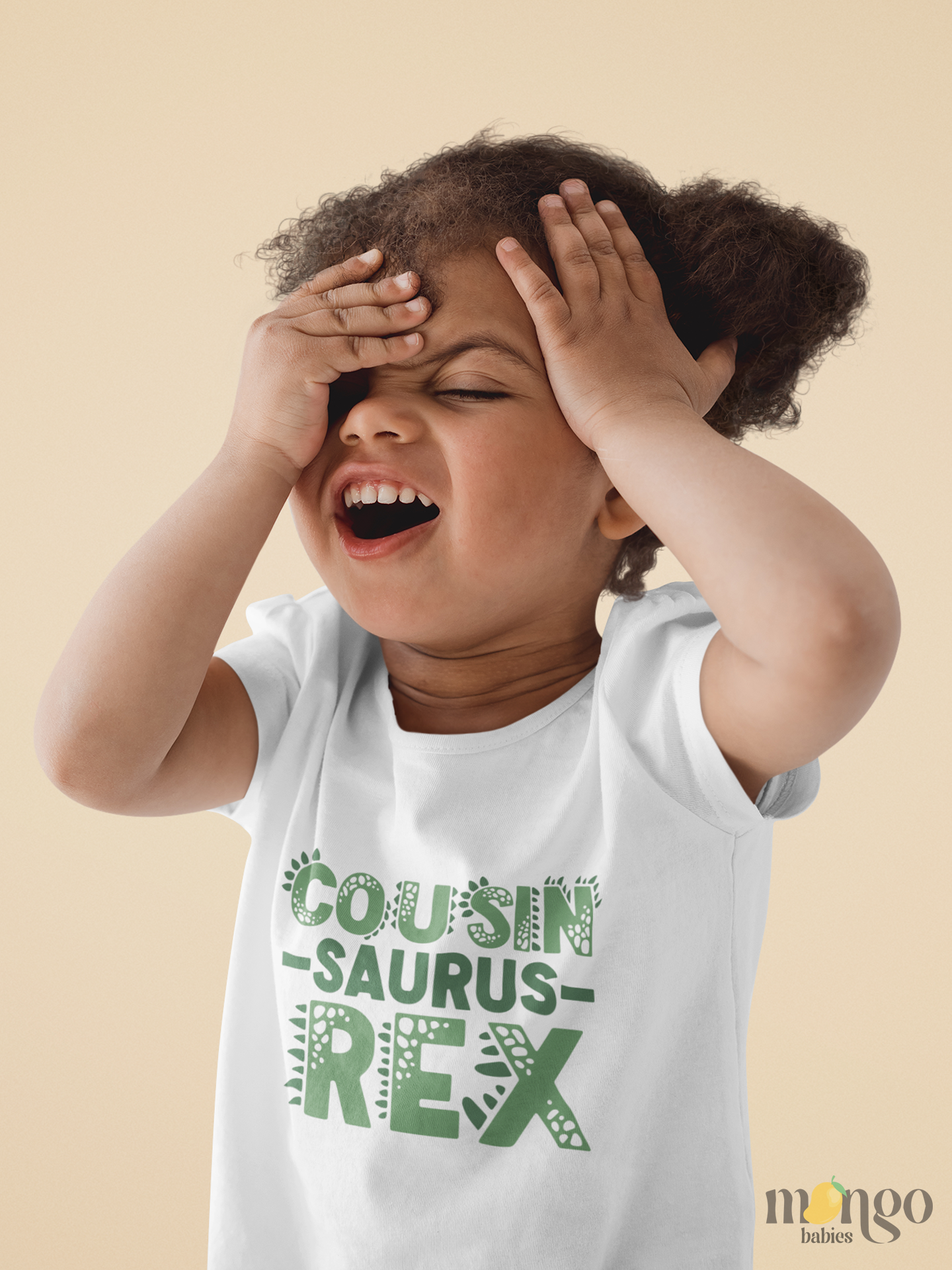 Cousin-Saurus-Rex dinosaur graphic on baby bodysuit, kids t-shirt, and adult shirt