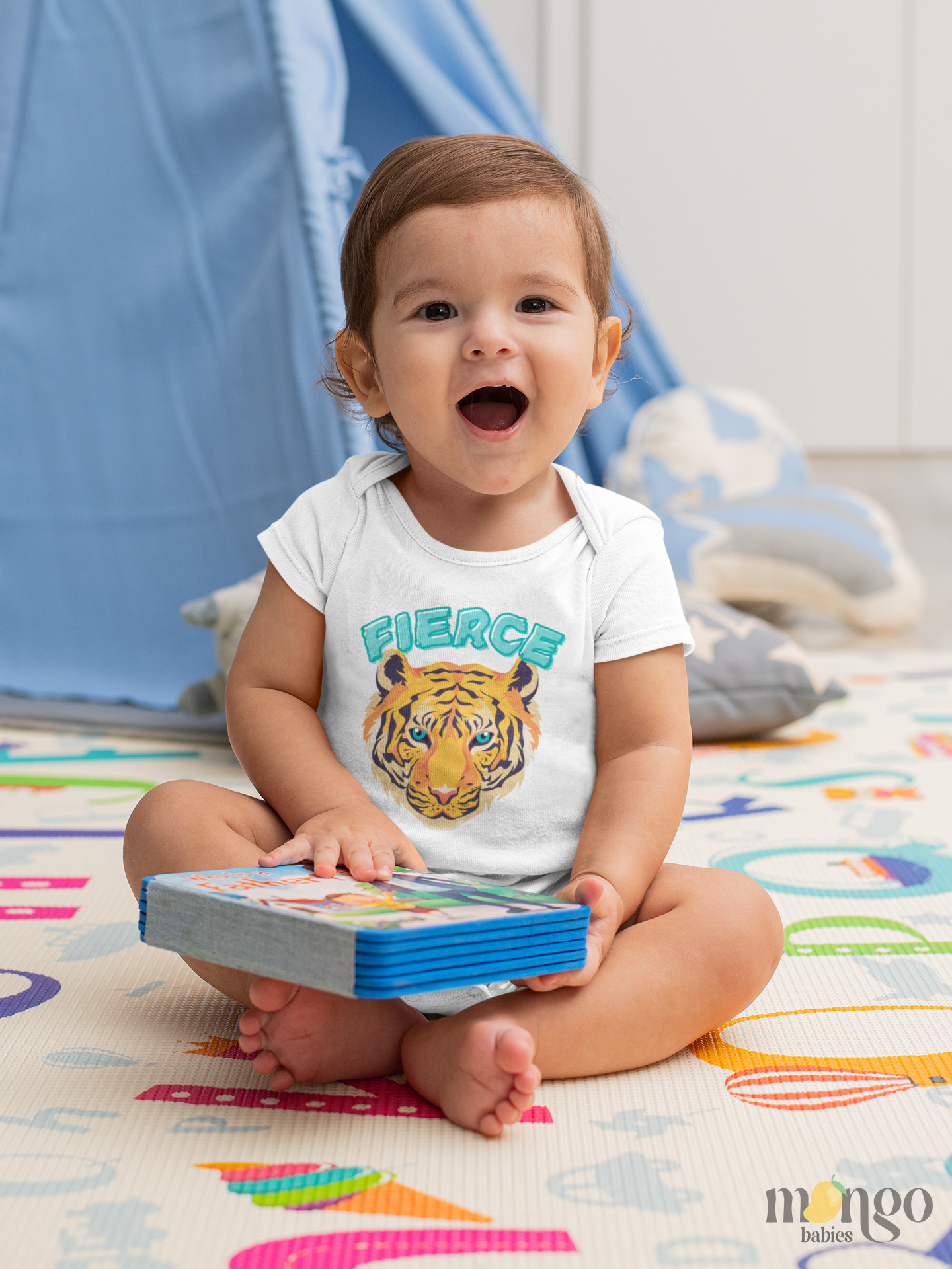 Baby onesie and kids’ T-shirt featuring a bold tiger graphic with the word “Fierce.” Unisex design for babies, toddlers, and children.
