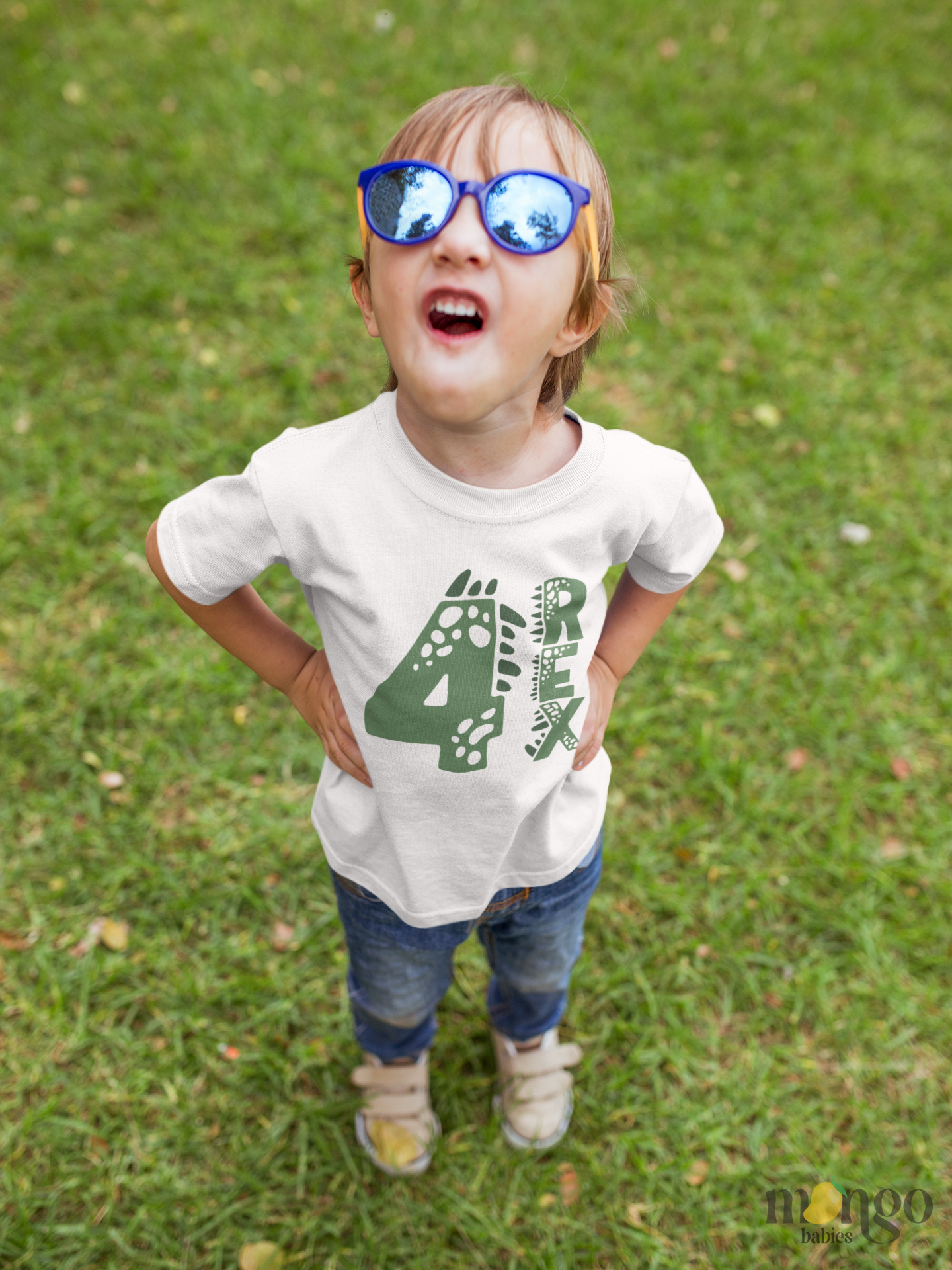 4 REX dinosaur 4th birthday shirt for kids, toddlers, baby bodysuit, and family matching outfit
