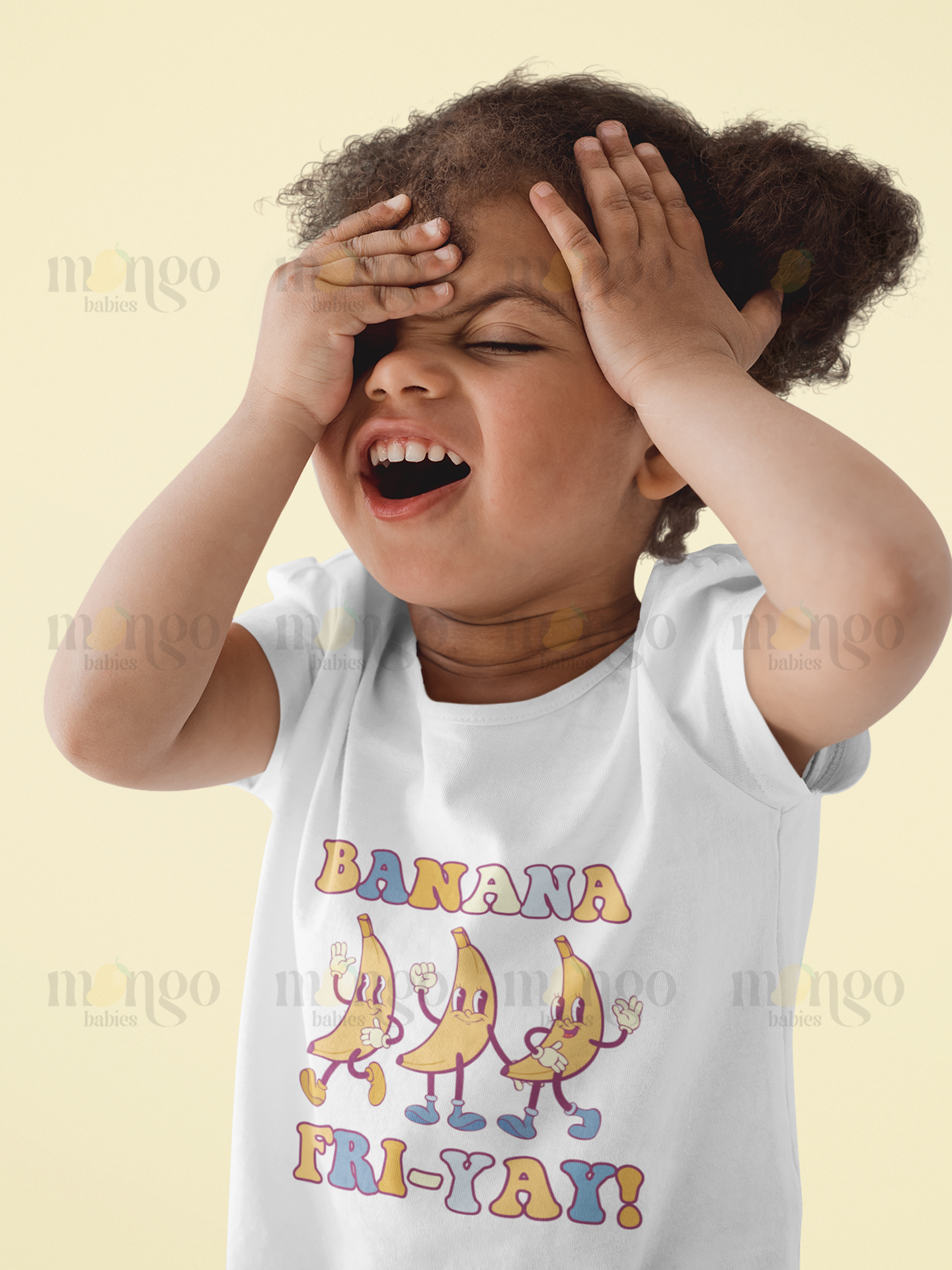 Retro banana design with text “Banana Fri-Yay!” printed on baby bodysuit, kids’ t-shirt, sweatshirt, and unisex adult shirt.