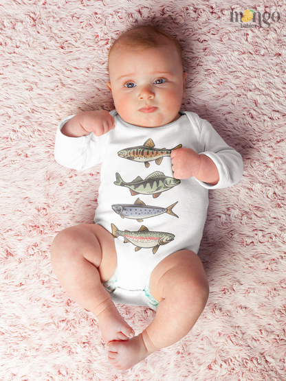 Retro-style trout fish printed on baby onesie, toddler t-shirt, and kids’ shirt. Unique fishing-inspired apparel for children.

