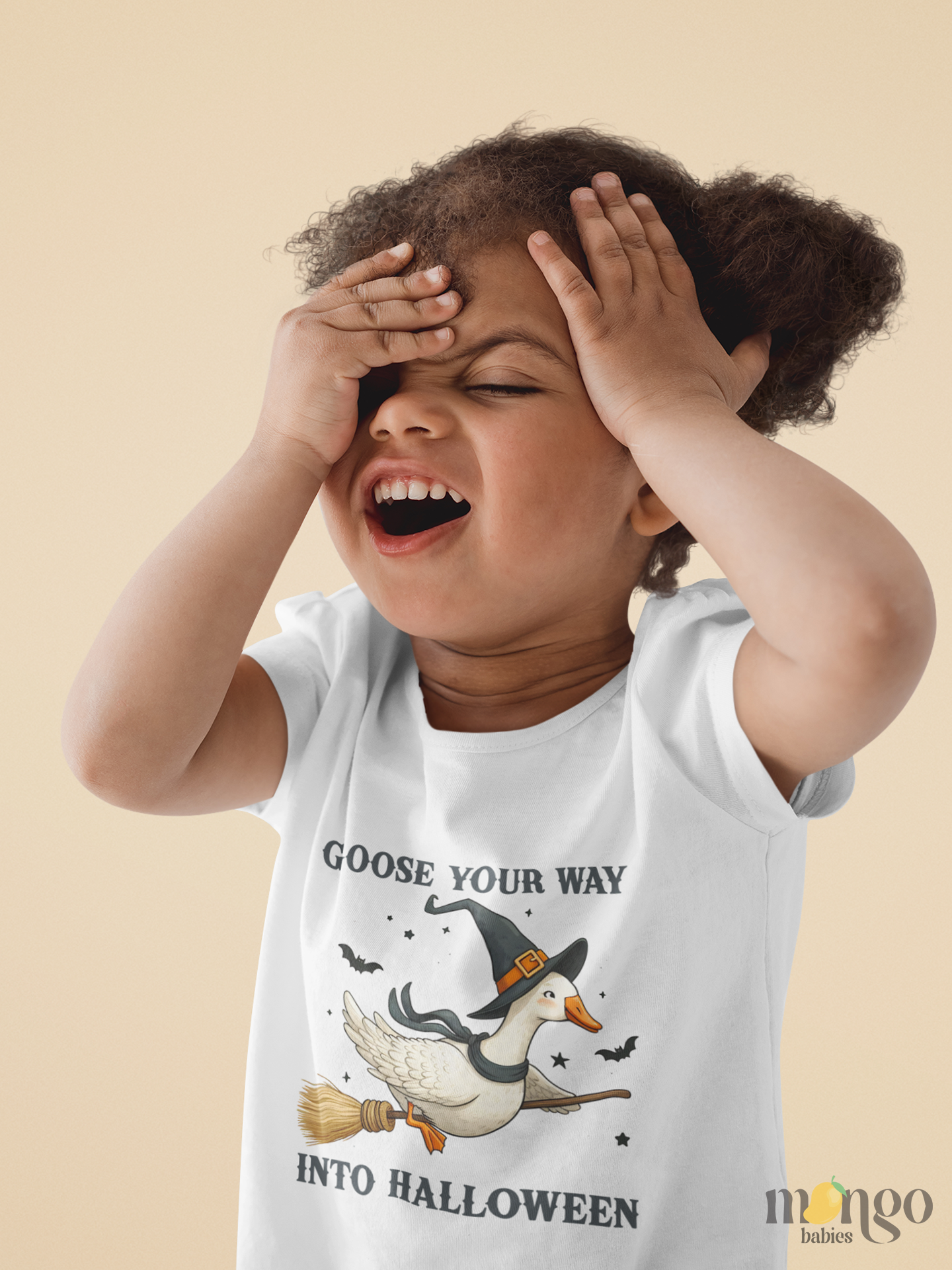 Cute Halloween goose riding a broom in wizard hat with text “Goose your way into Halloween” on baby bodysuit, kids’ t-shirt, sweatshirt, and adult shirt.
