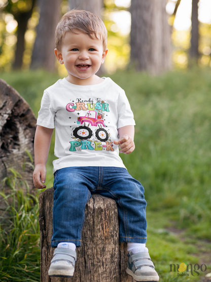 Colorful school-themed “Ready to Crush Pre-K” truck design on toddler T-shirt, kids’ T-shirt, and children’s sweater.
