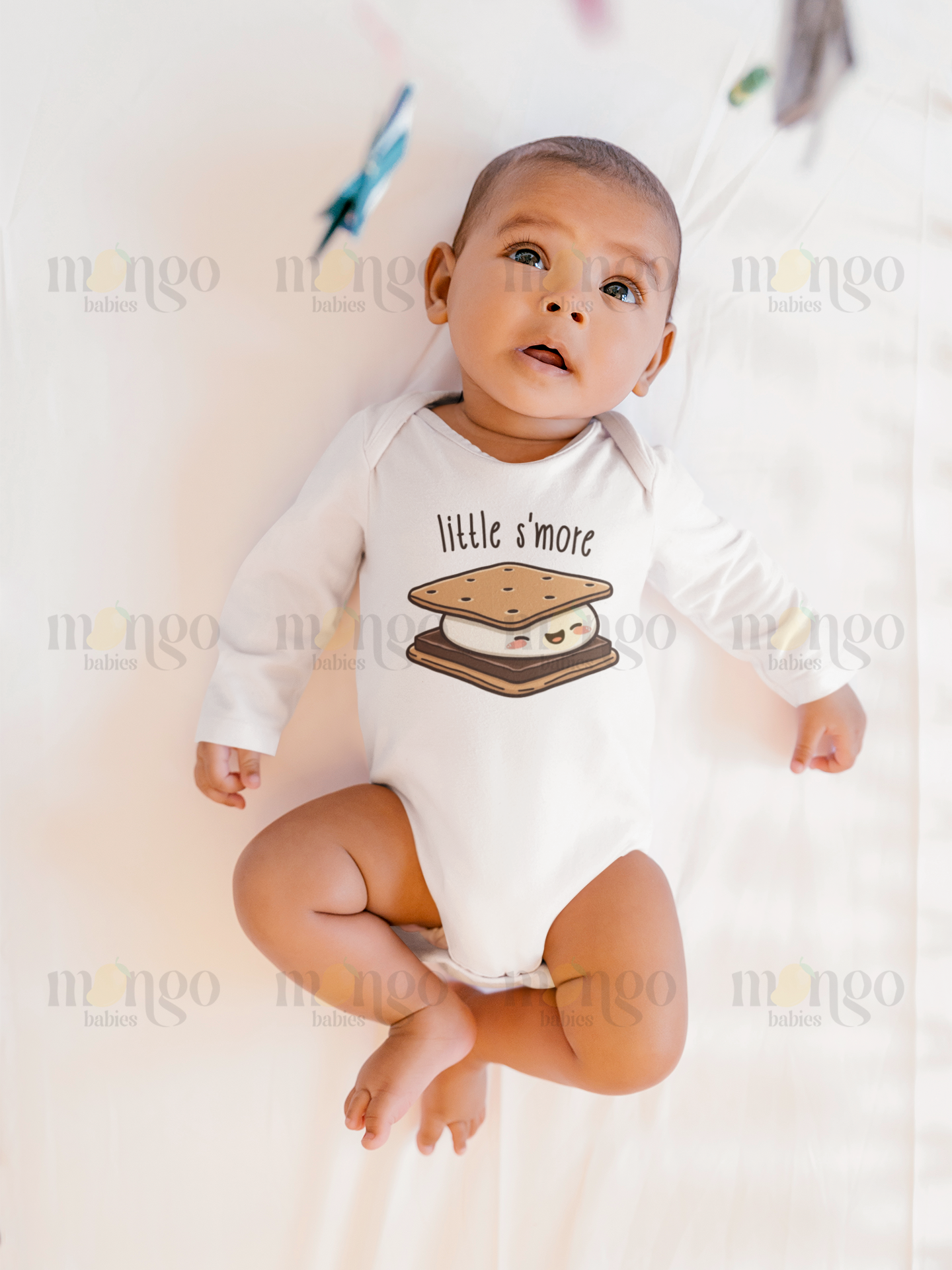 Retro "Little S’more" graphic on baby bodysuit, kids’ t-shirt, sweatshirt, and unisex adult shirt.