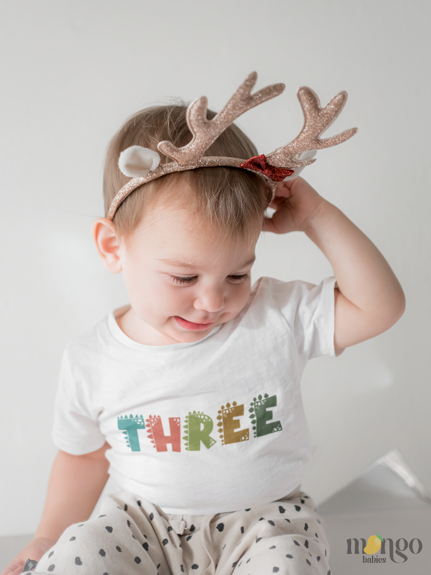 Dinosaur font “THREE” third birthday shirt for kids, toddlers, babies, and adults.