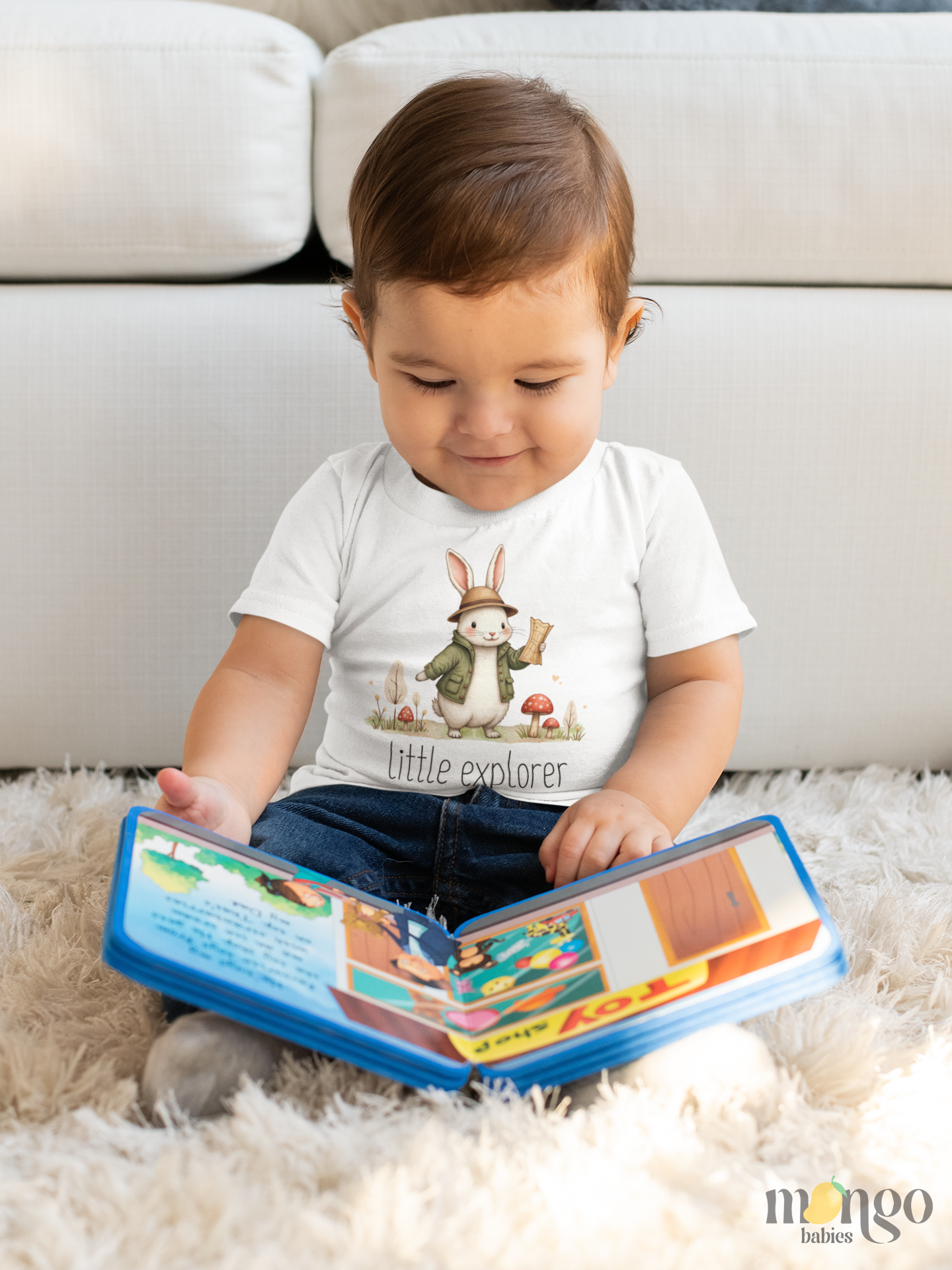 Cute rabbit with "Little Explorer" text printed on baby bodysuit, kids t-shirt, toddler sweatshirt, and unisex adult shirt.