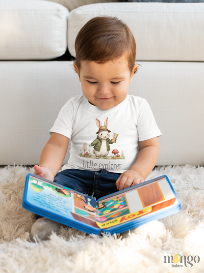 Cute rabbit with "Little Explorer" text printed on baby bodysuit, kids t-shirt, toddler sweatshirt, and unisex adult shirt.