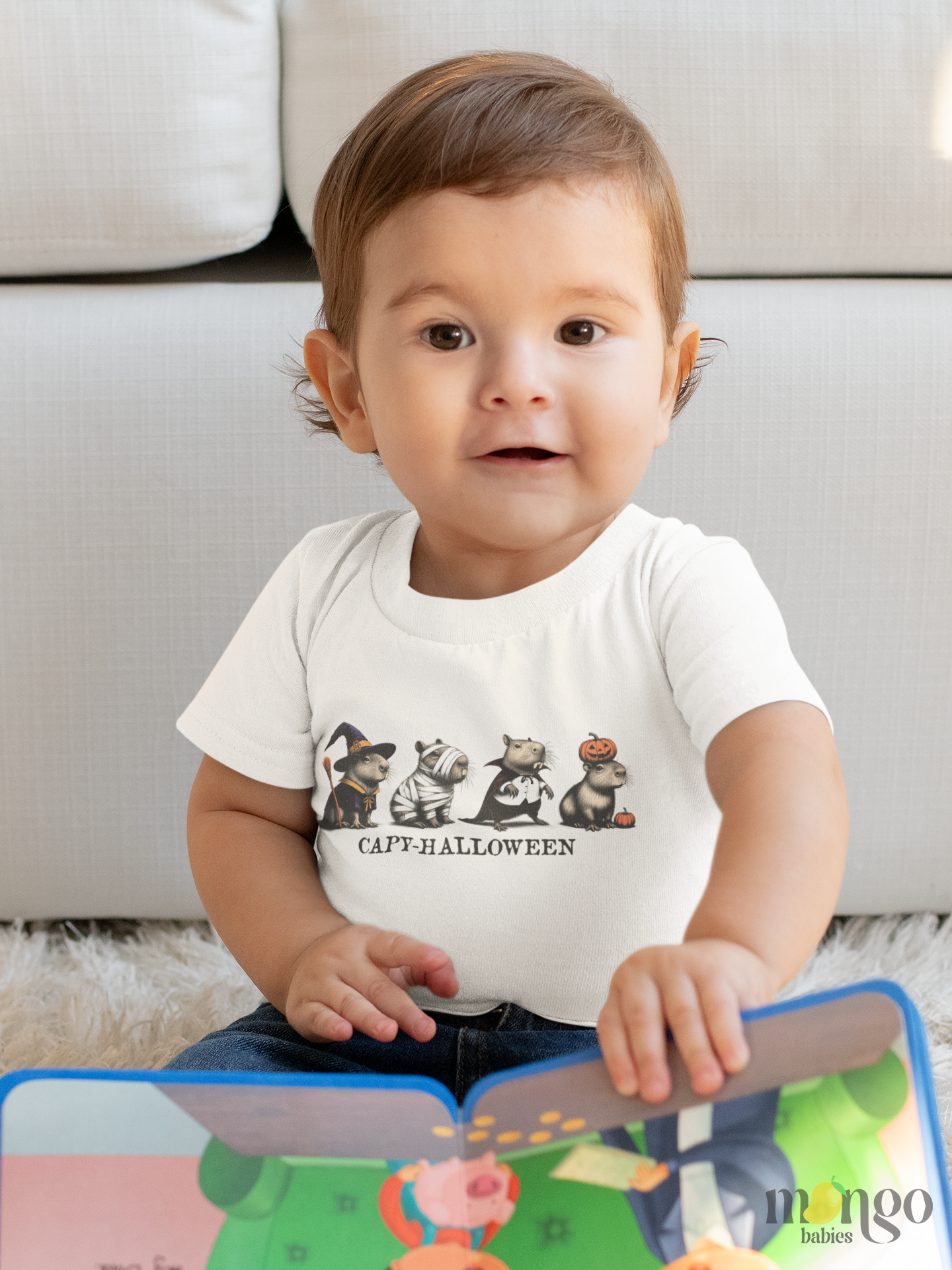 Cute Capybara Halloween shirt – Capy-Halloween design on baby bodysuit, kids t-shirt, sweatshirt, and unisex adult shirt.