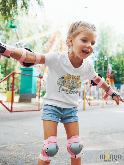 Cute bee graphic with “Big Sister to Bee” text on baby onesie and kids’ t-shirt. Perfect sibling announcement or baby shower gift.

