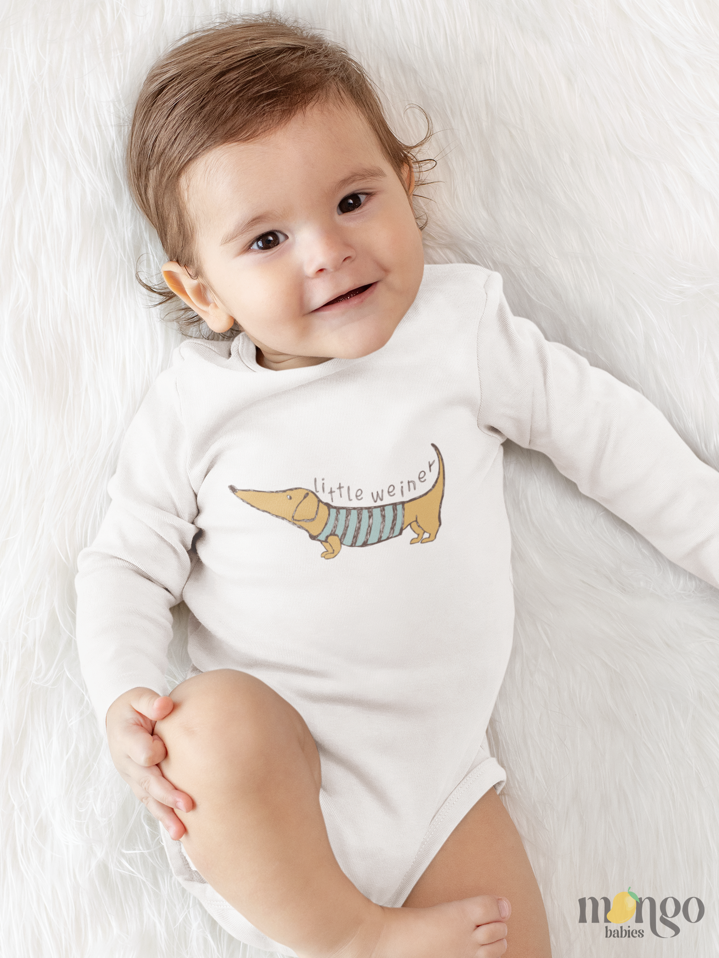 Cute dachshund dog graphic with “Little Weiner” text on baby onesie and kids’ T-shirt, available in multiple sizes.
