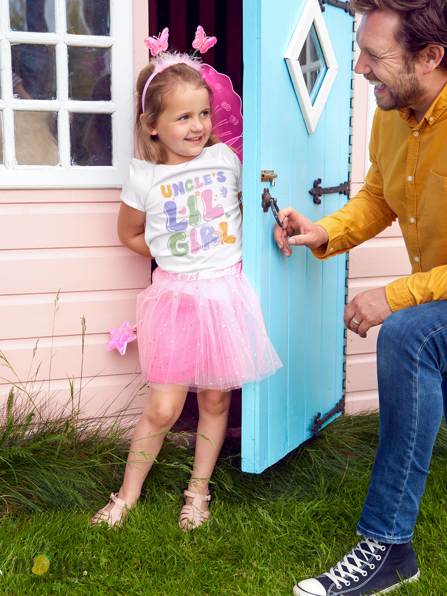 Retro text design "Uncle's lil girl" printed on baby bodysuit, kids t-shirt, sweatshirt, and adult shirt.