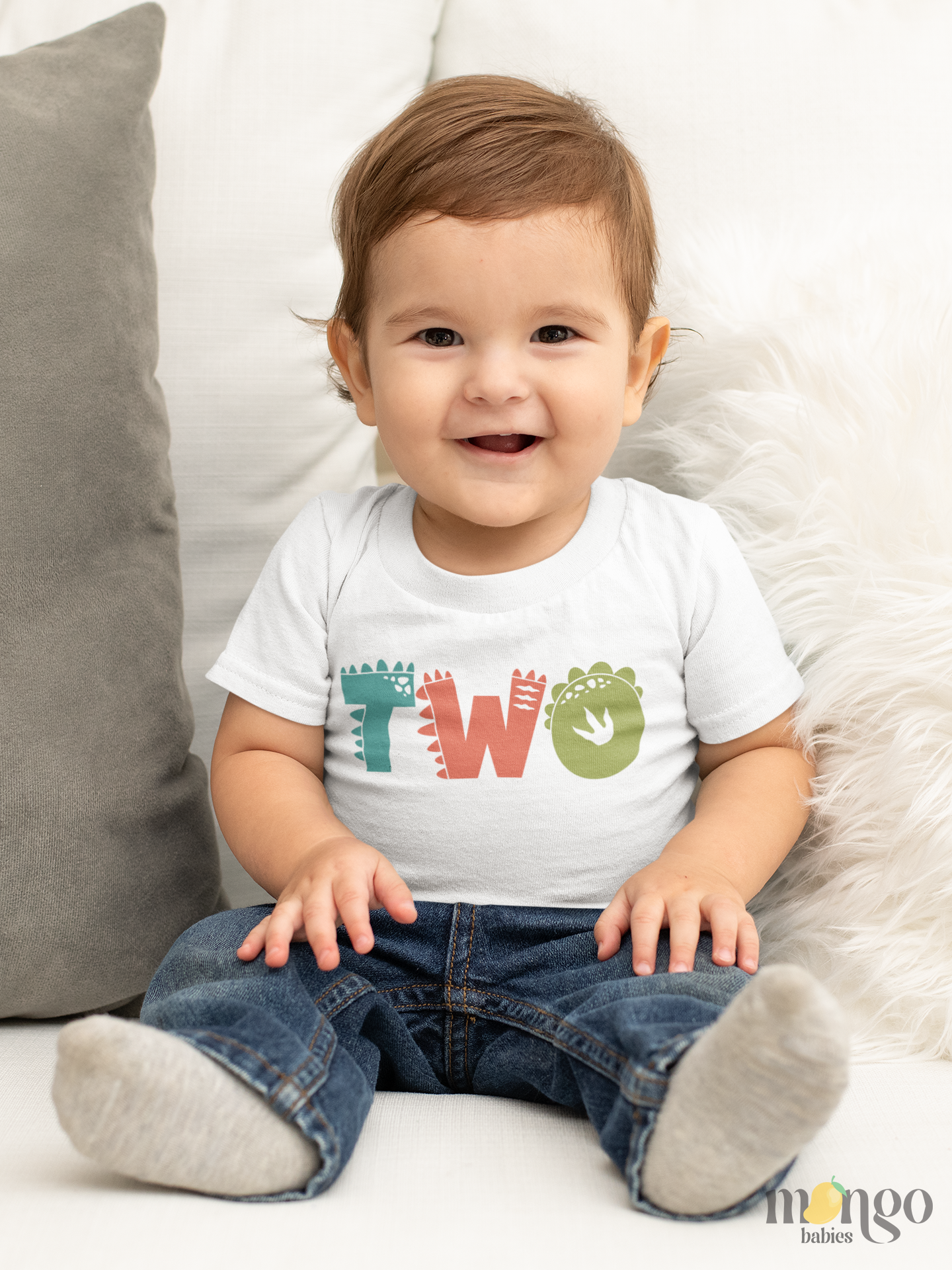 Dinosaur font “TWO” birthday shirt for baby, toddler, kids, and adults – second birthday outfit.